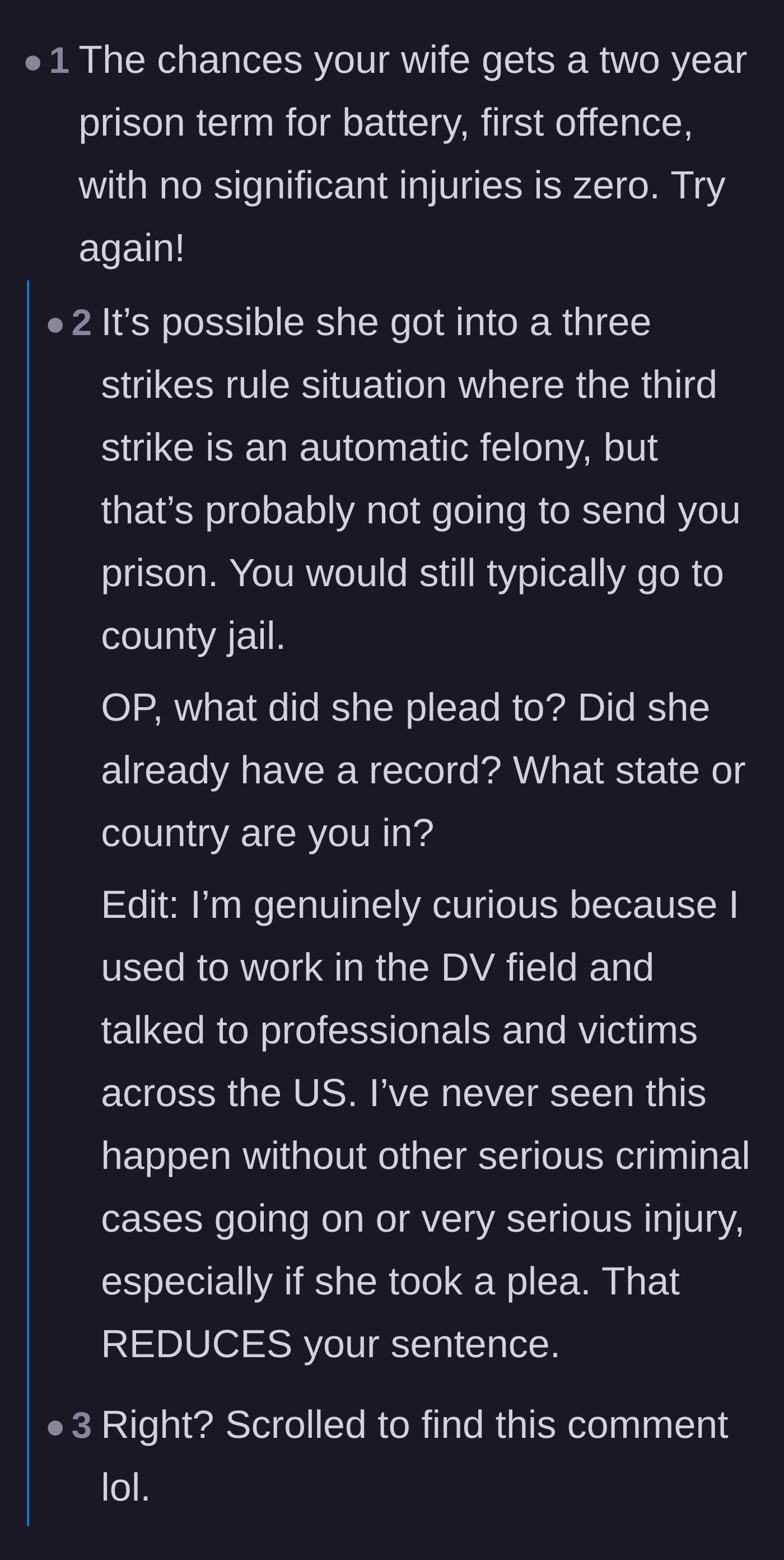 Comment thread 5 - Legal skepticism regarding the plausibility of a two-year prison sentence for a first-time battery charge.