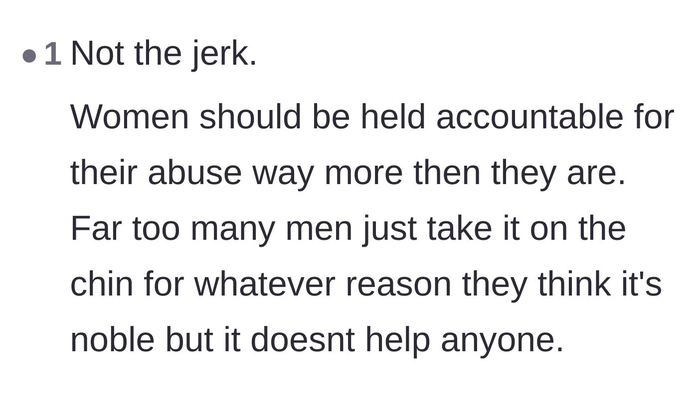 Comment thread 6 - Support for the father breaking the cycle of male stoicism and holding female abusers accountable.