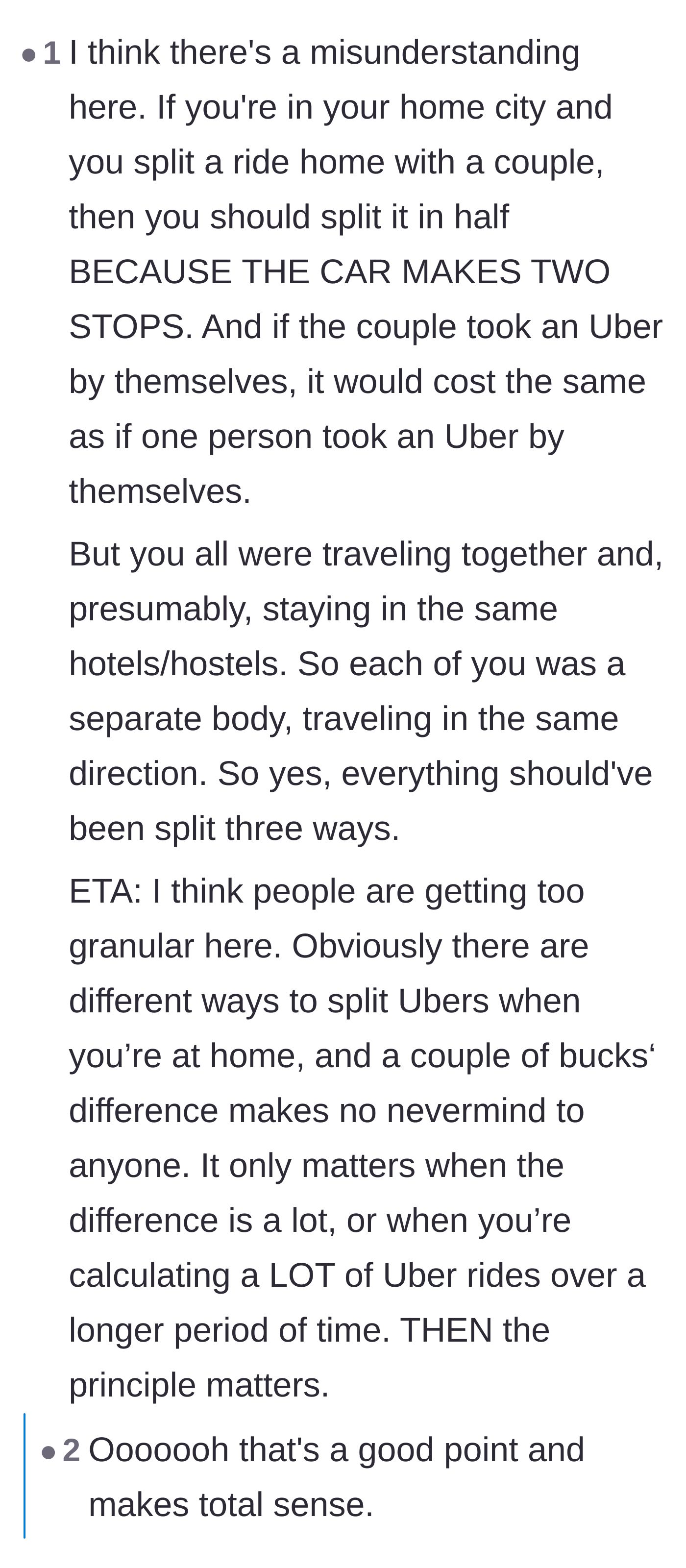 Comment thread 1 - A breakdown of why traveling together means splitting per person, not per couple, and calling out the friend's petty behavior.