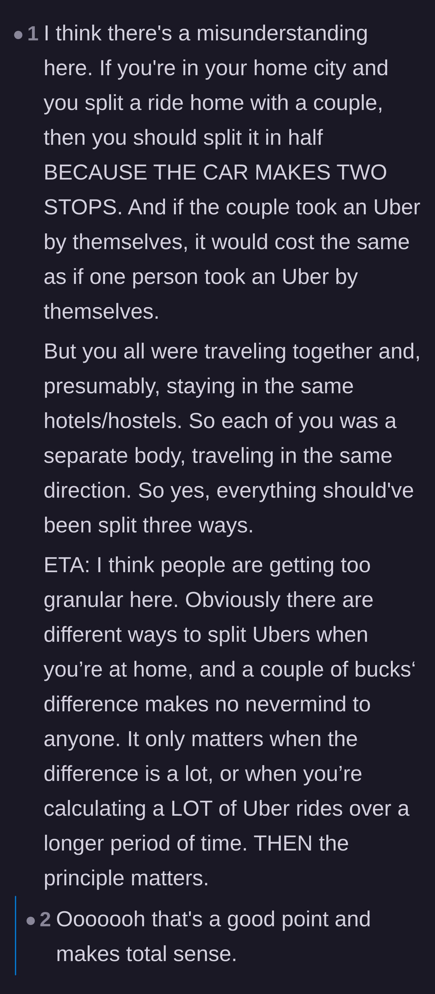 Comment thread 1 - A breakdown of why traveling together means splitting per person, not per couple, and calling out the friend's petty behavior.