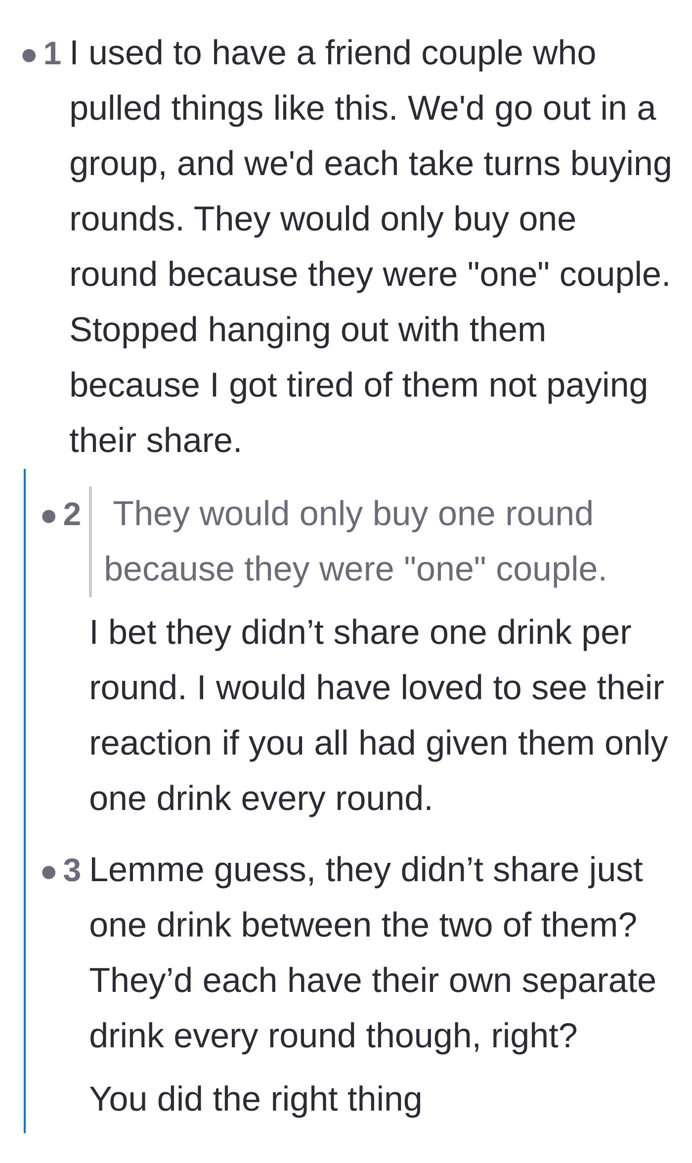 Comment thread 2 - A comparison to cheap couples who only buy one round of drinks but consume two.