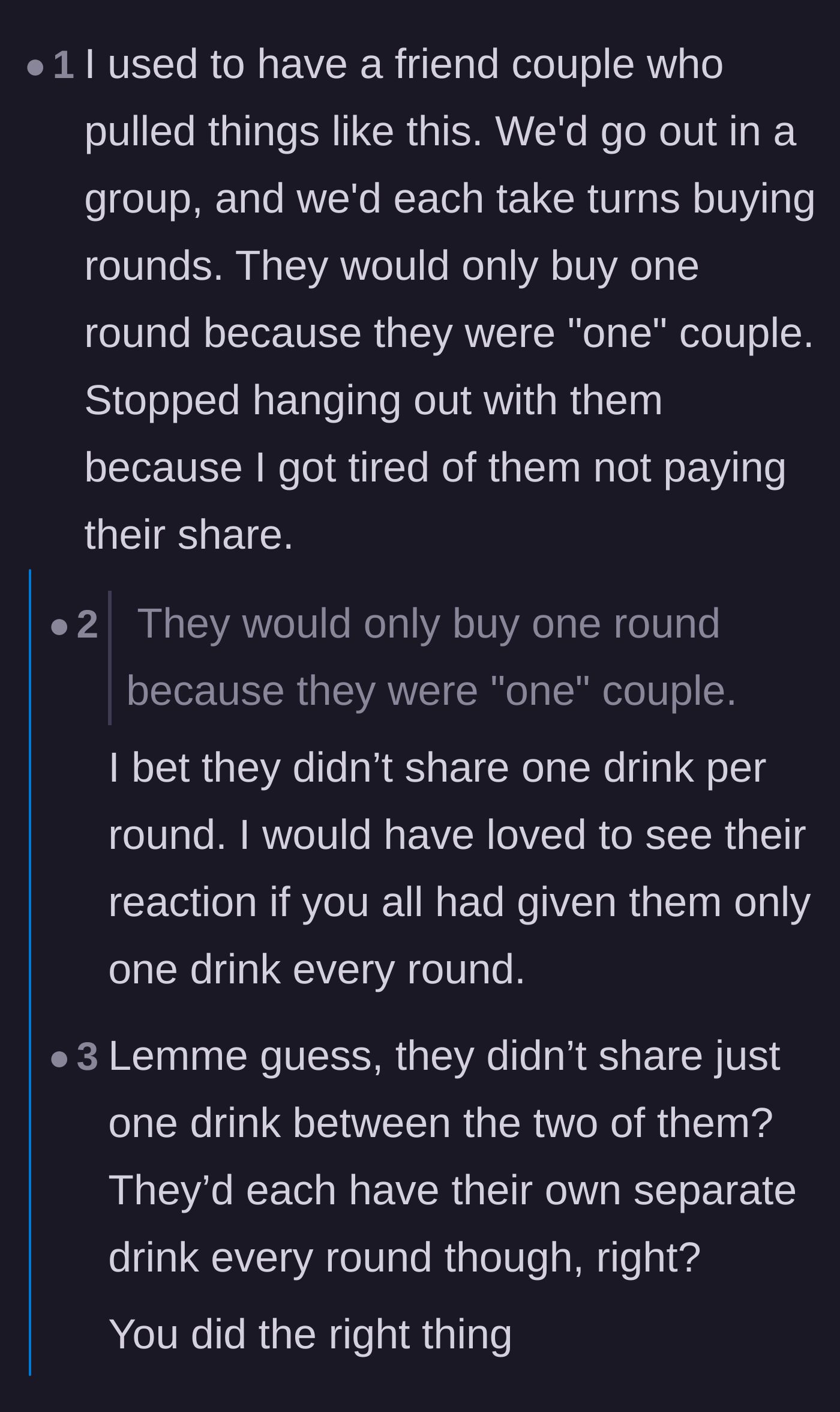 Comment thread 2 - A comparison to cheap couples who only buy one round of drinks but consume two.