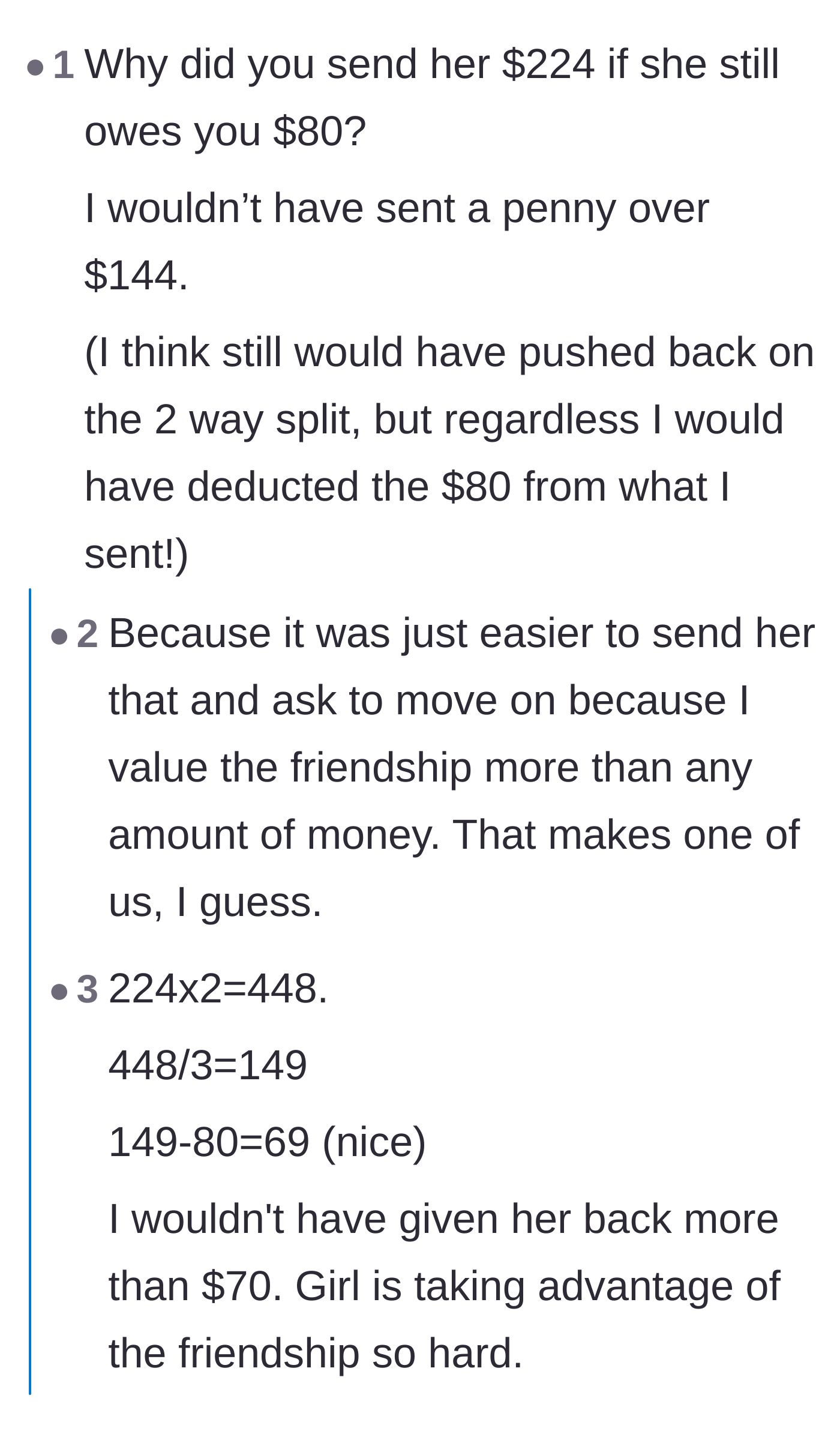 Comment thread 3 - Readers questioning why the author didn't deduct the $80 he was already owed before paying the Uber bill.