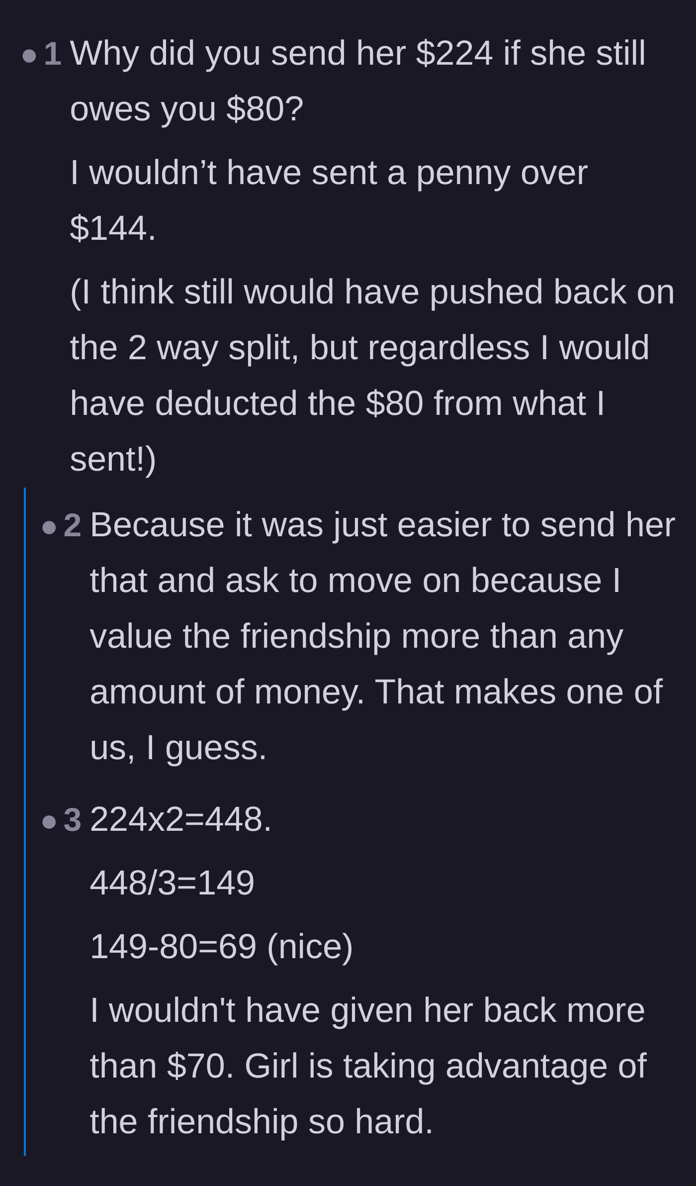 Comment thread 3 - Readers questioning why the author didn't deduct the $80 he was already owed before paying the Uber bill.