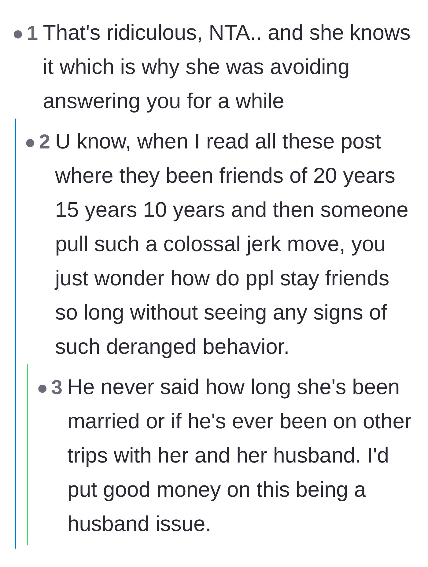 Comment thread 4 - Speculation that the friend avoided answering because she knew it was wrong, and that the husband might be the real problem.