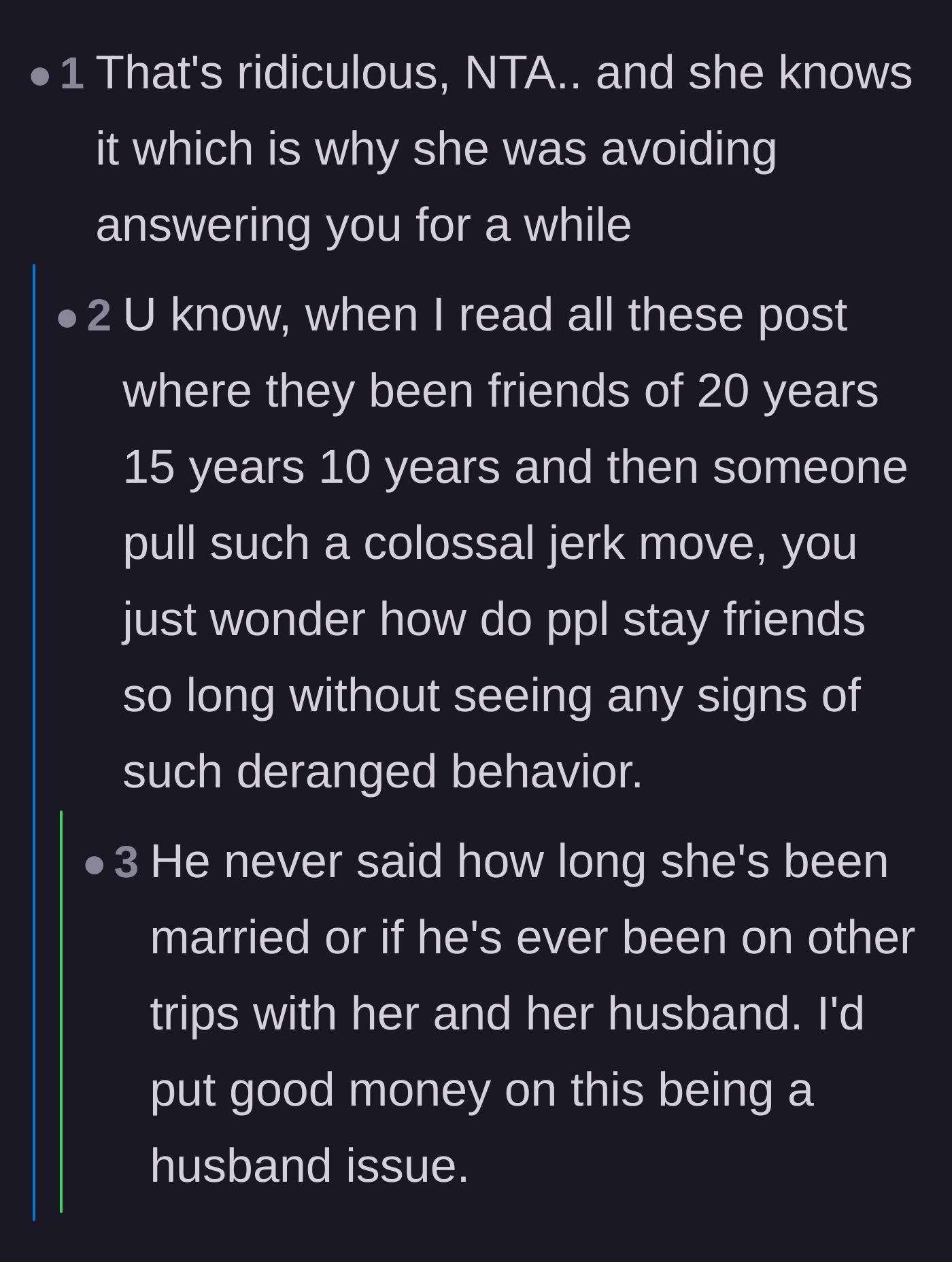 Comment thread 4 - Speculation that the friend avoided answering because she knew it was wrong, and that the husband might be the real problem.