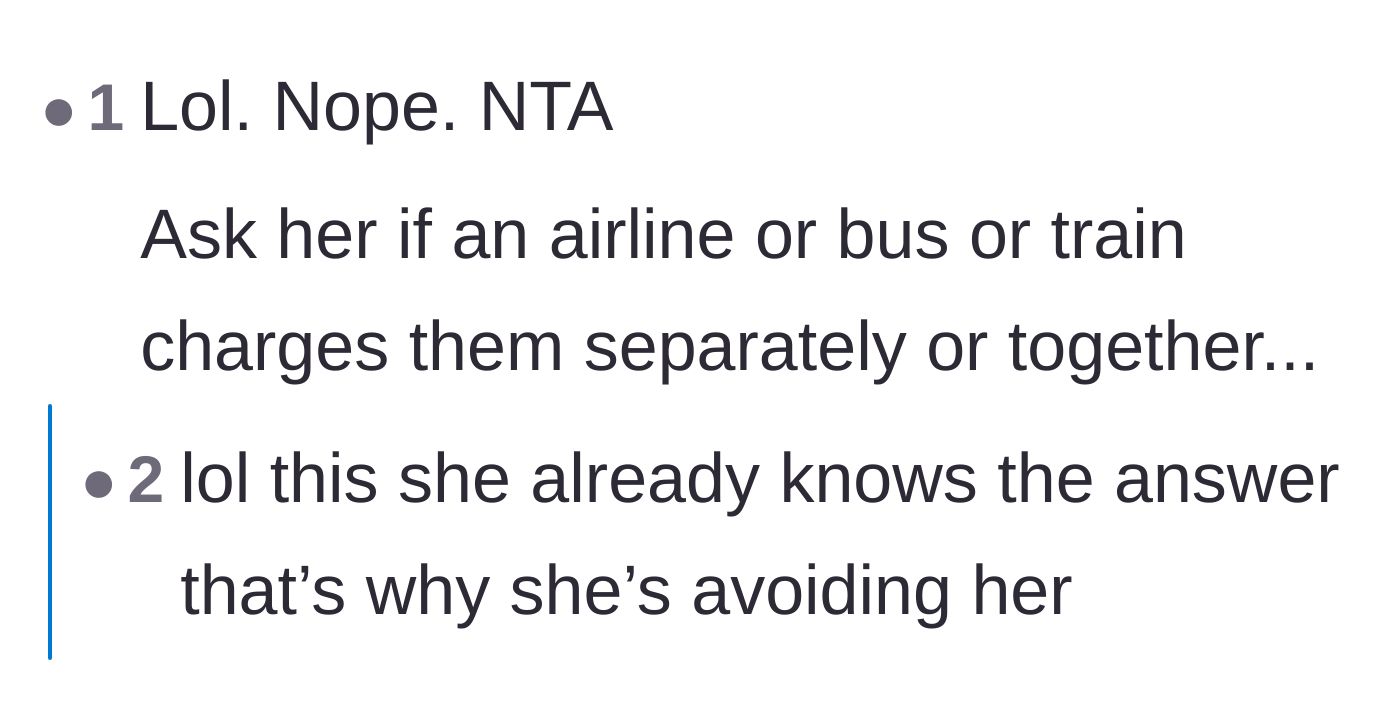 Comment thread 6 - A rhetorical question about whether airlines or buses let couples pay for a single ticket.