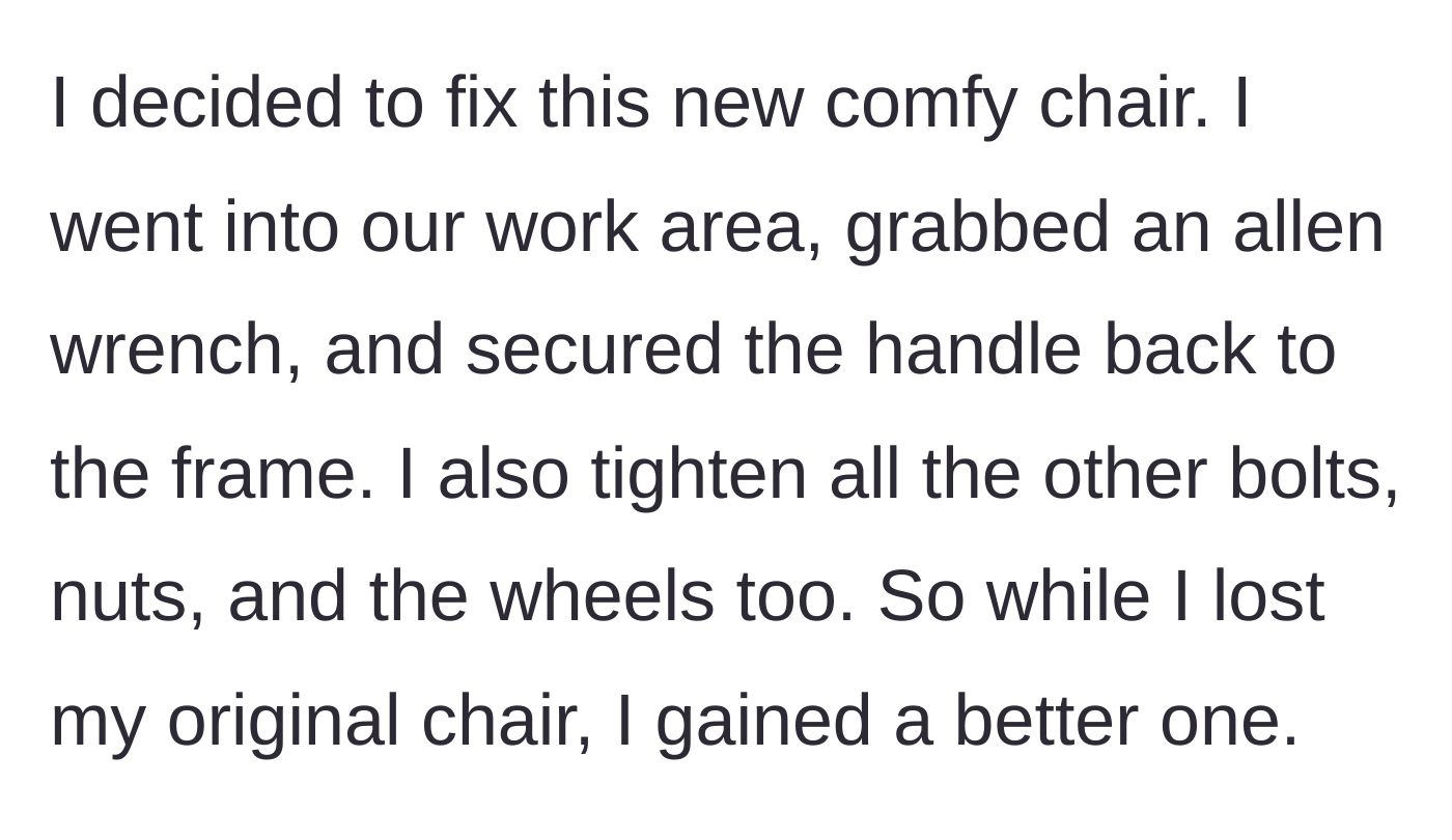 Story part 2 - The worker grabs tools from the shop and repairs the broken chair, completely fixing the wobbly arm and loose bolts.