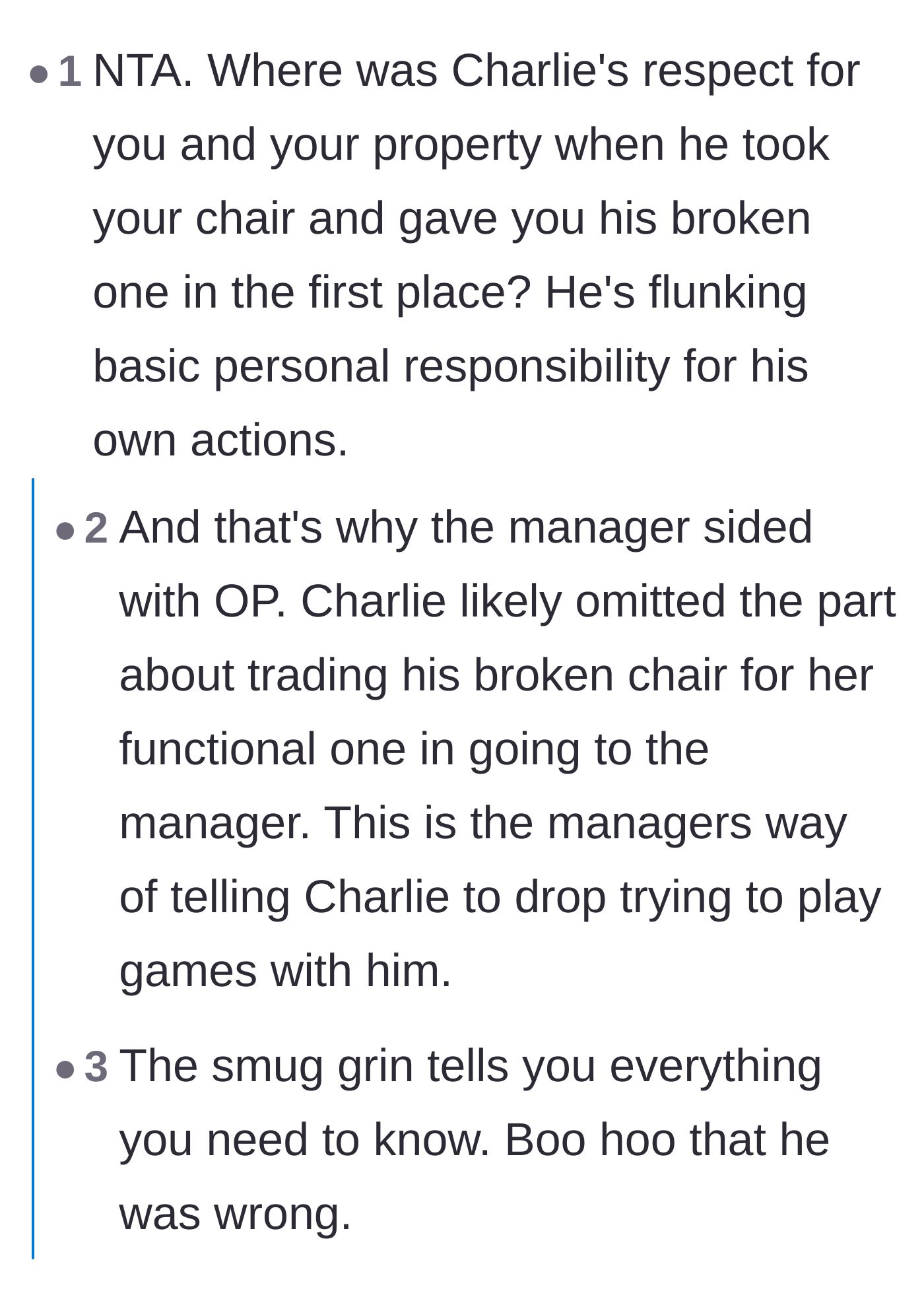 Comment thread 1 - Readers pointing out the coworker's lack of personal responsibility and how the manager saw through his manipulation.