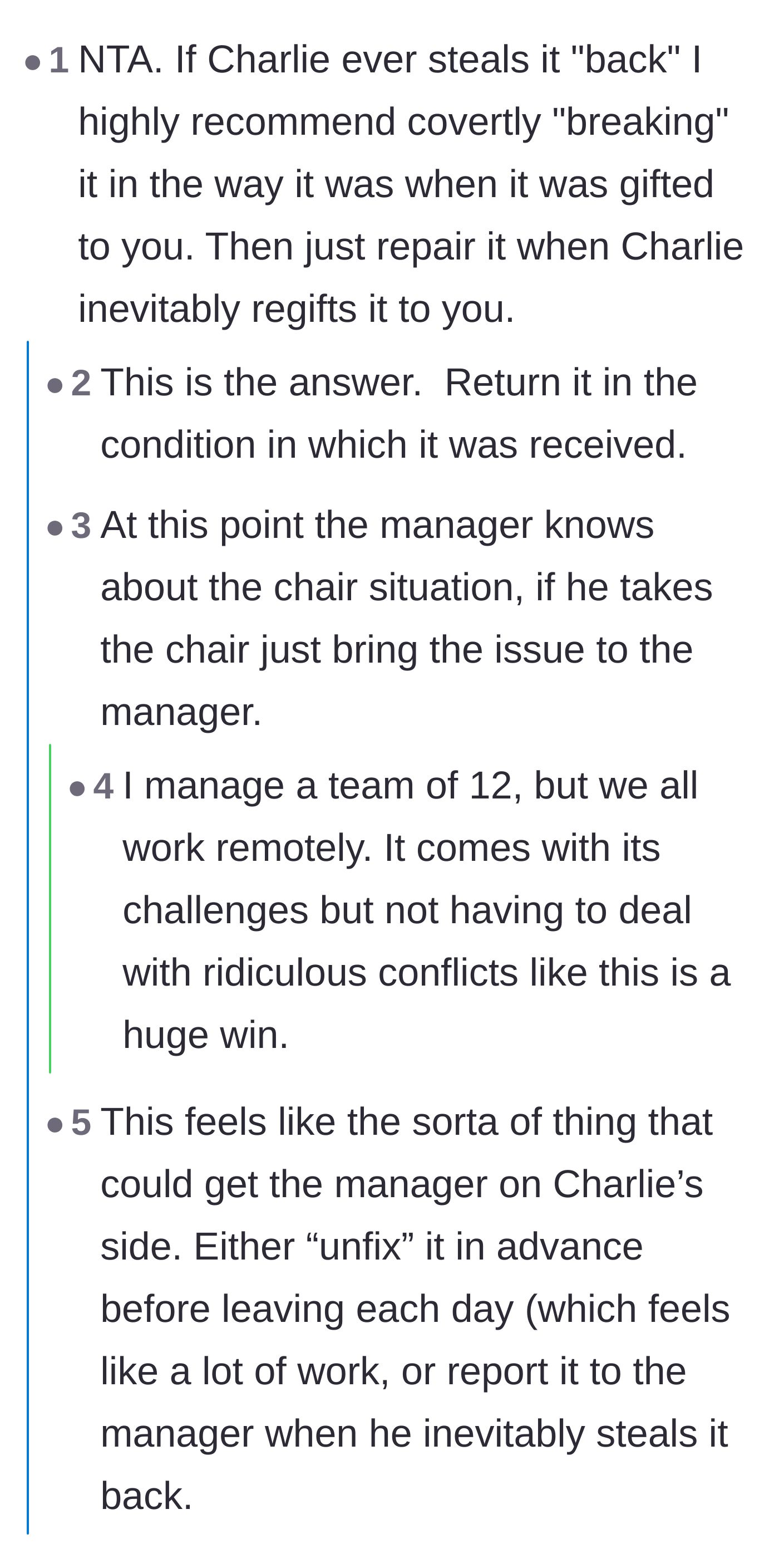 Comment thread 2 - Advice on unfixing the chair if it gets stolen again, leading to a discussion on why managing office disputes is exhausting.
