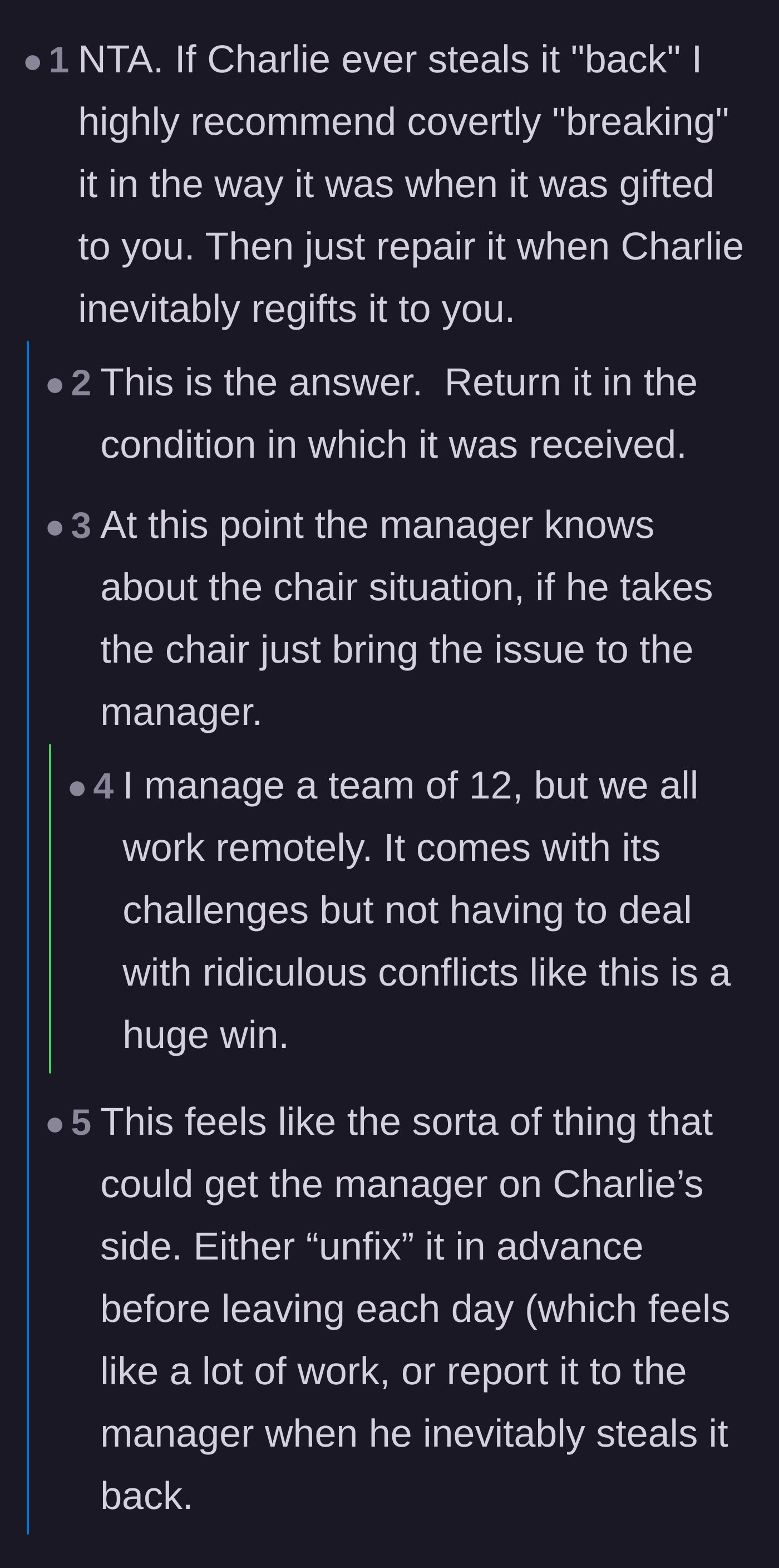Comment thread 2 - Advice on unfixing the chair if it gets stolen again, leading to a discussion on why managing office disputes is exhausting.