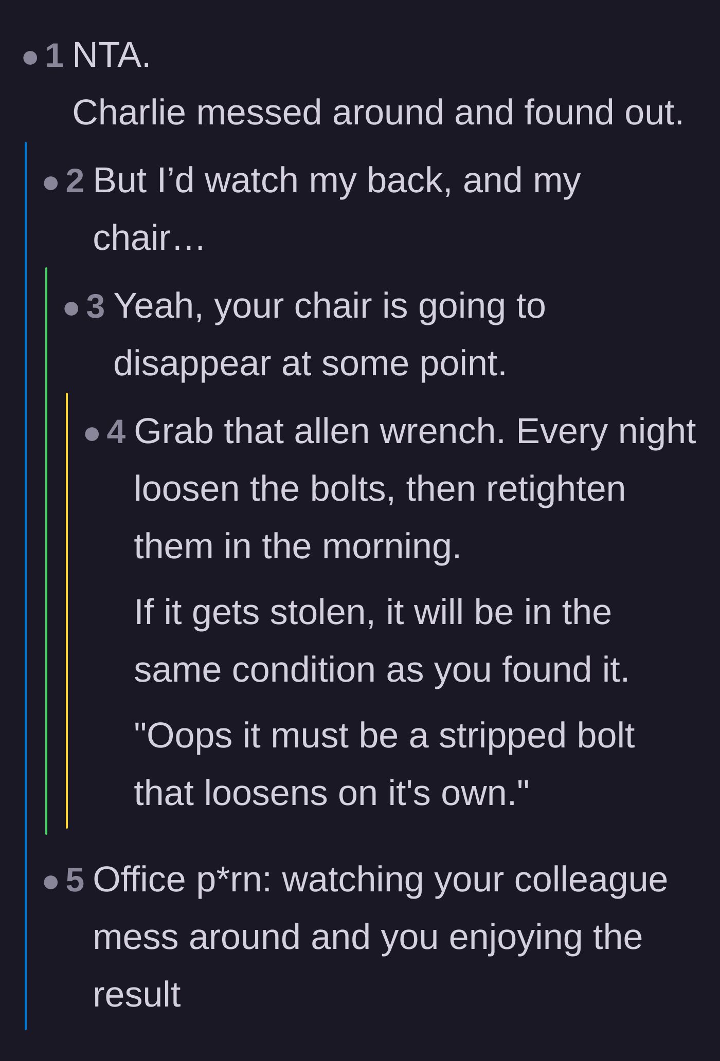 Comment thread 3 - Celebrating the office karma and jokingly suggesting the worker loosen the chair's bolts every night as a security measure.