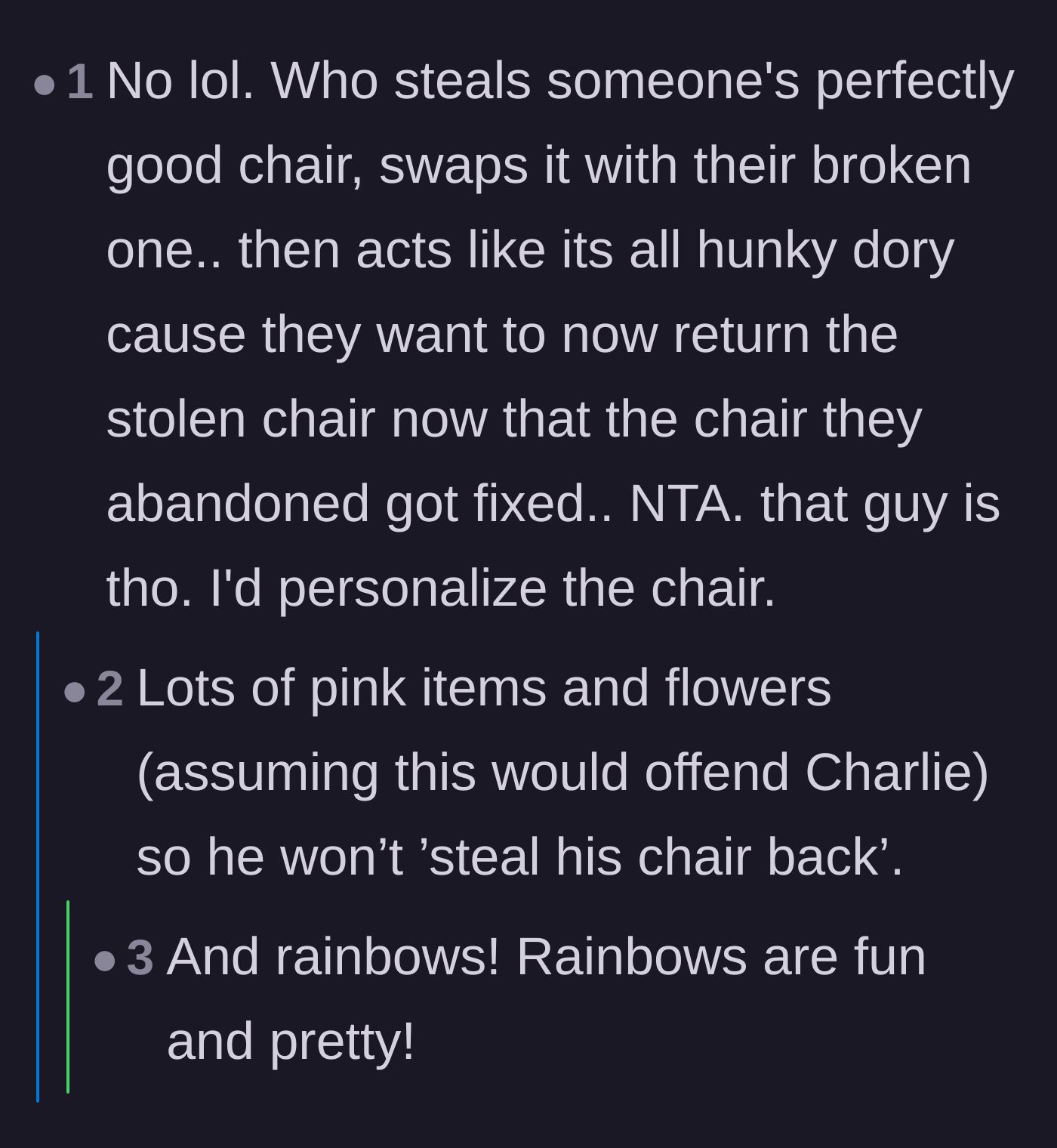 Comment thread 4 - Calling out the absurdity of the theft and suggesting the chair be decorated with pink items and rainbows to deter future theft.