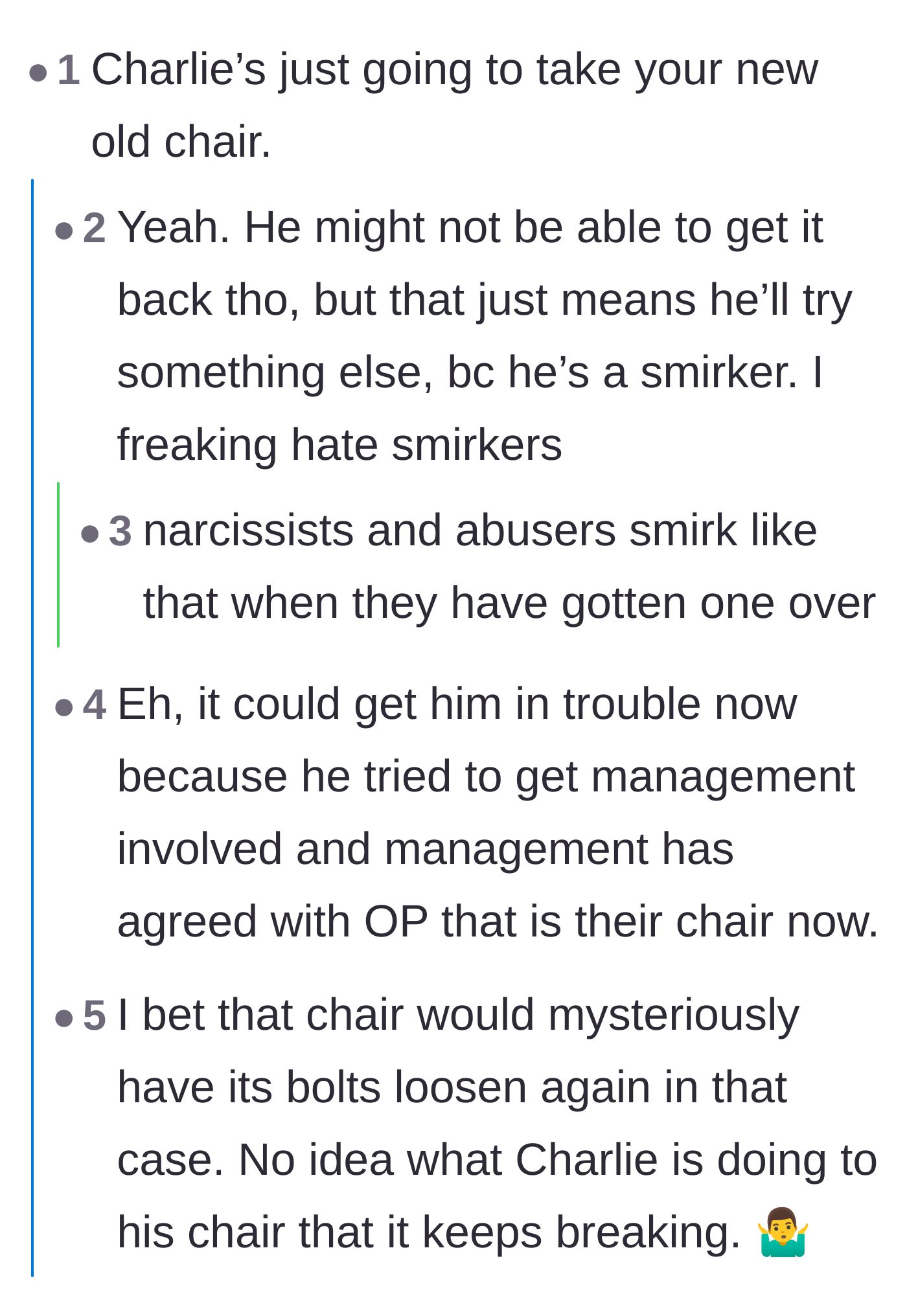 Comment thread 6 - Predictions that the coworker will try to steal the chair back and a debate on whether management's involvement will stop him.