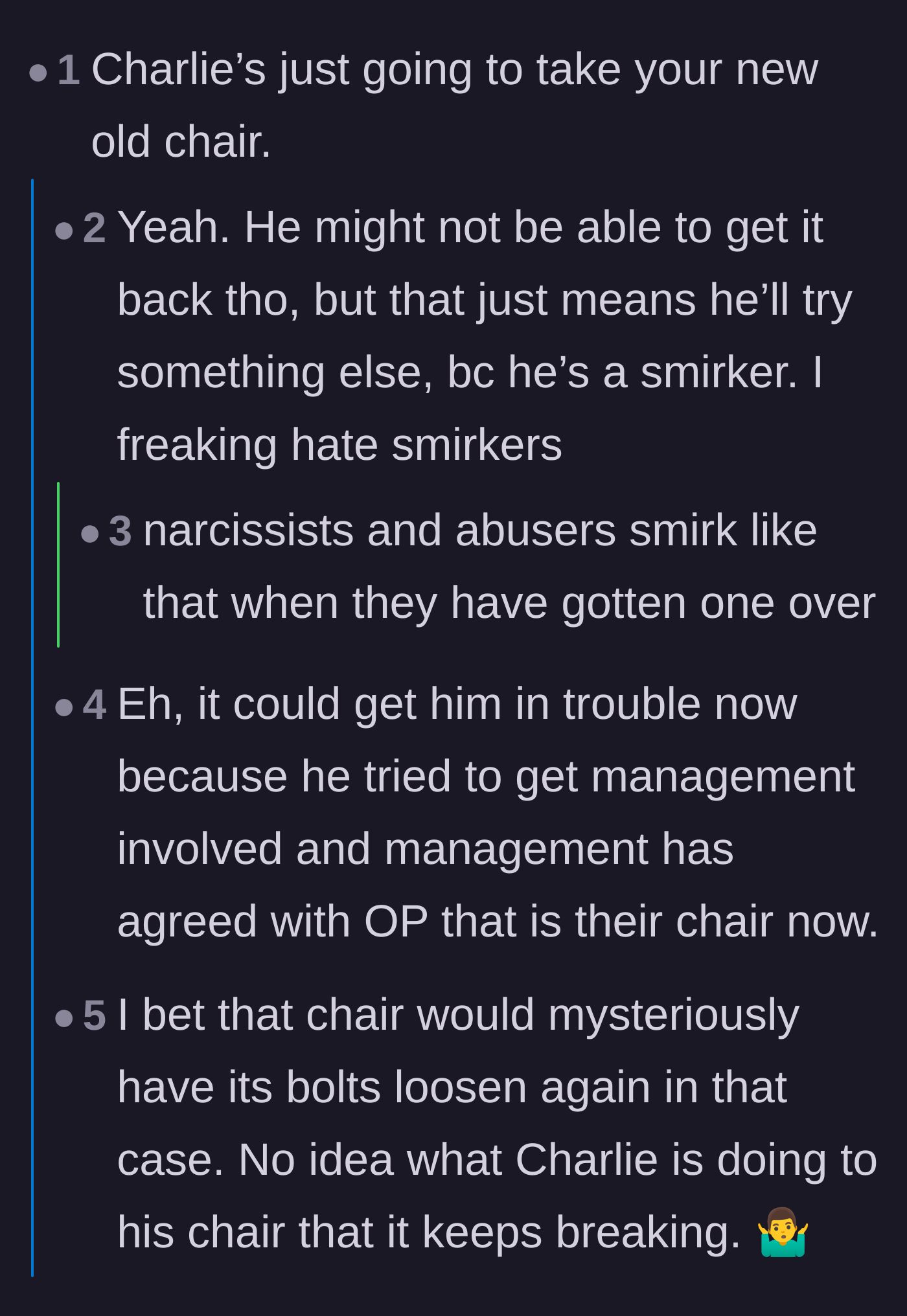 Comment thread 6 - Predictions that the coworker will try to steal the chair back and a debate on whether management's involvement will stop him.