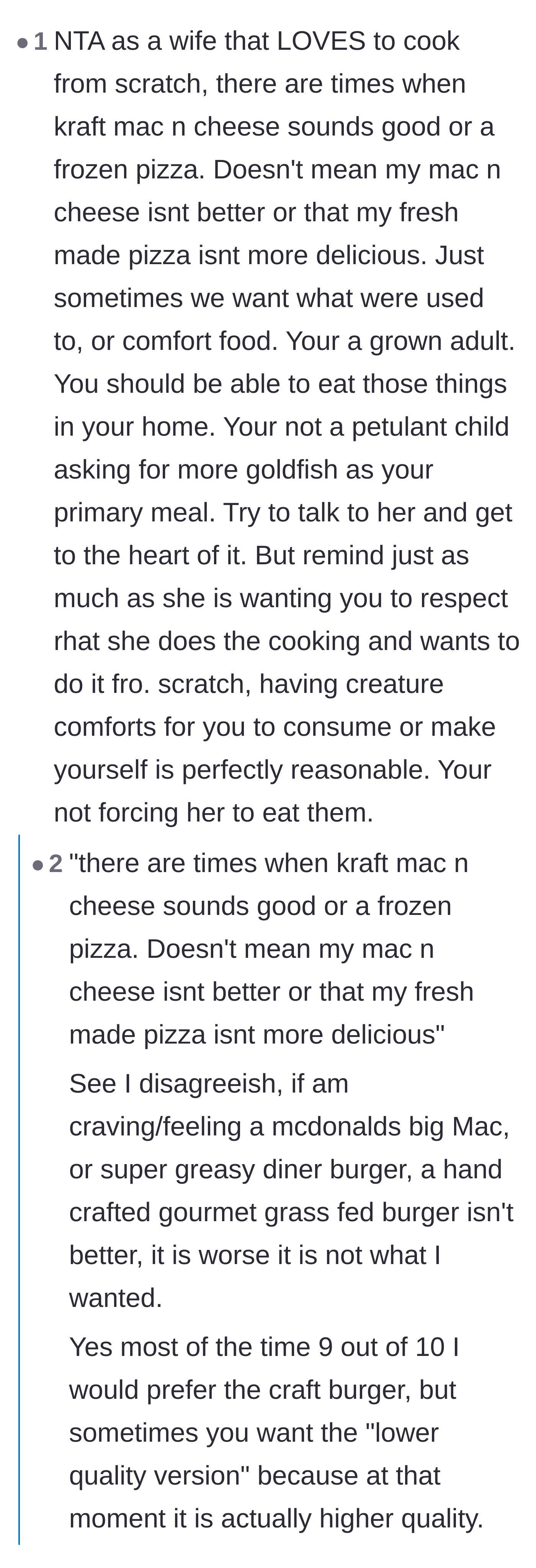 Comment thread 1 - A debate about how gourmet cooking cannot satisfy a specific craving for highly processed comfort food.