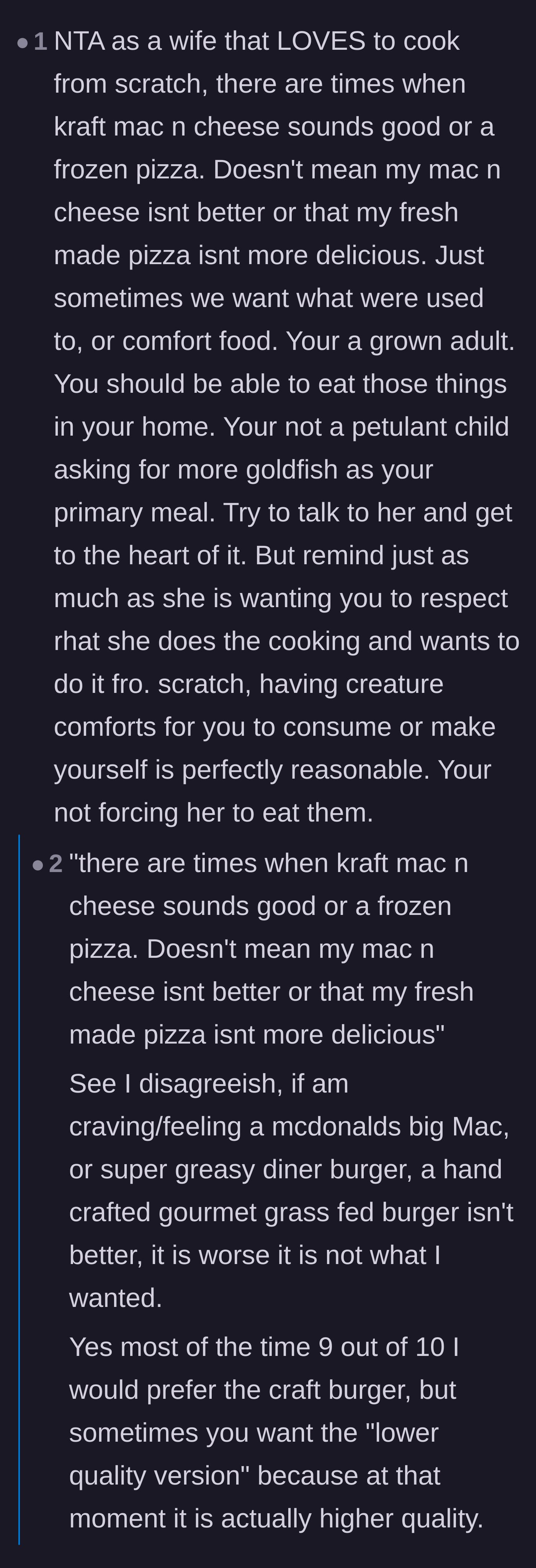 Comment thread 1 - A debate about how gourmet cooking cannot satisfy a specific craving for highly processed comfort food.