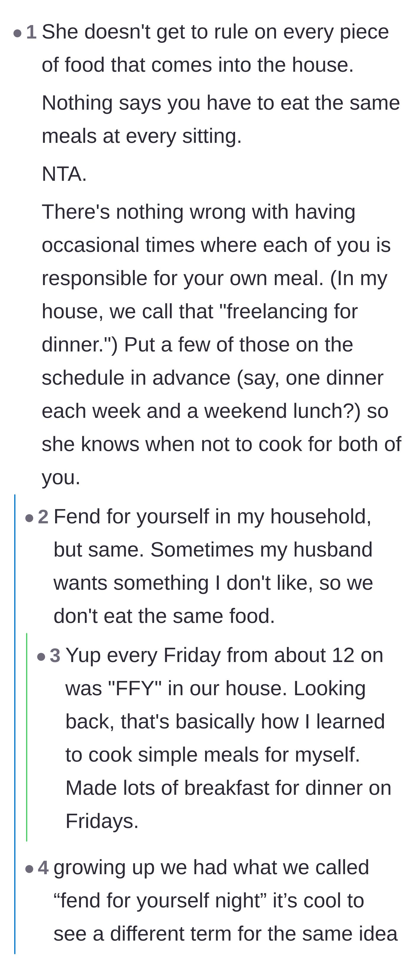 Comment thread 2 - Readers suggesting a scheduled 'fend for yourself' night where both partners handle their own meals.