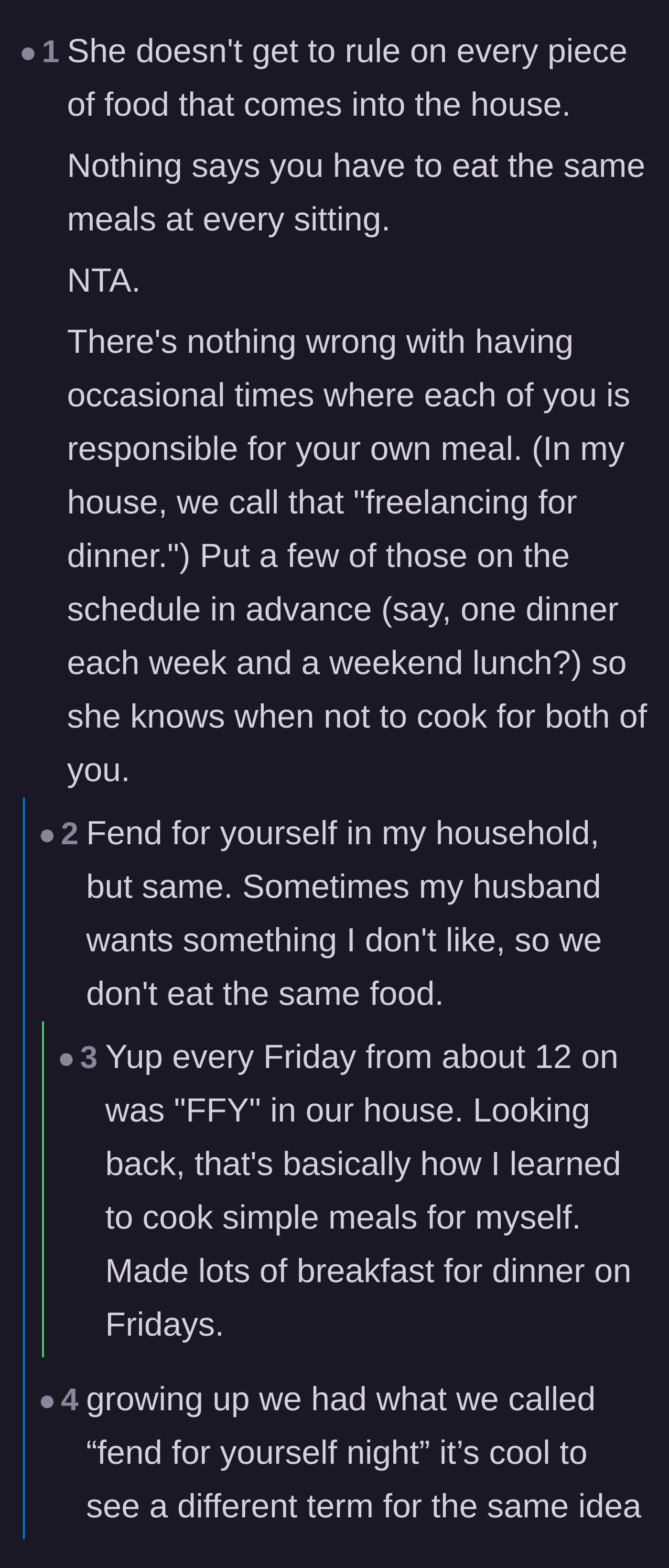 Comment thread 2 - Readers suggesting a scheduled 'fend for yourself' night where both partners handle their own meals.