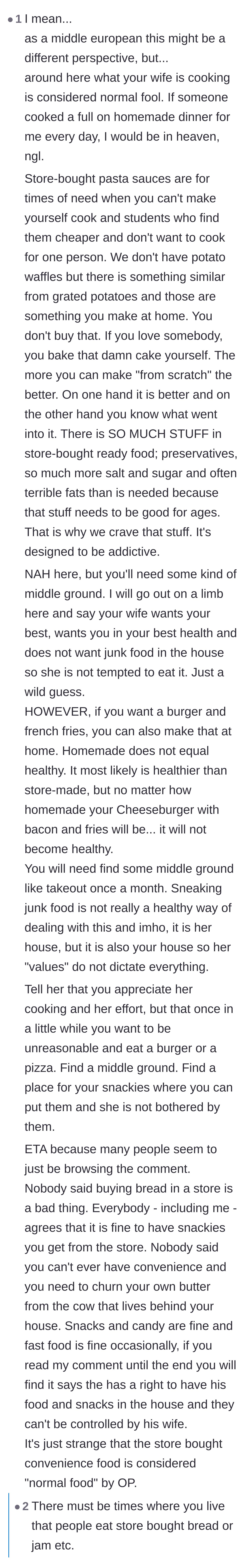 Comment thread 3 - A transatlantic debate sparked by a European user claiming that making every meal from scratch is standard behavior.