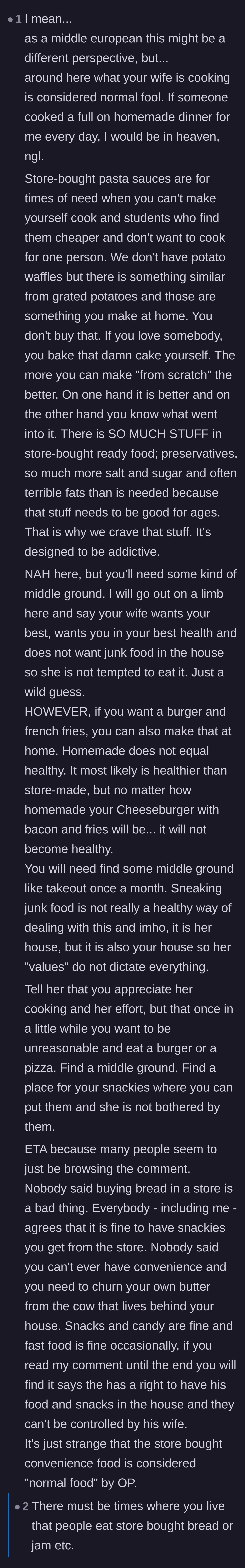 Comment thread 3 - A transatlantic debate sparked by a European user claiming that making every meal from scratch is standard behavior.