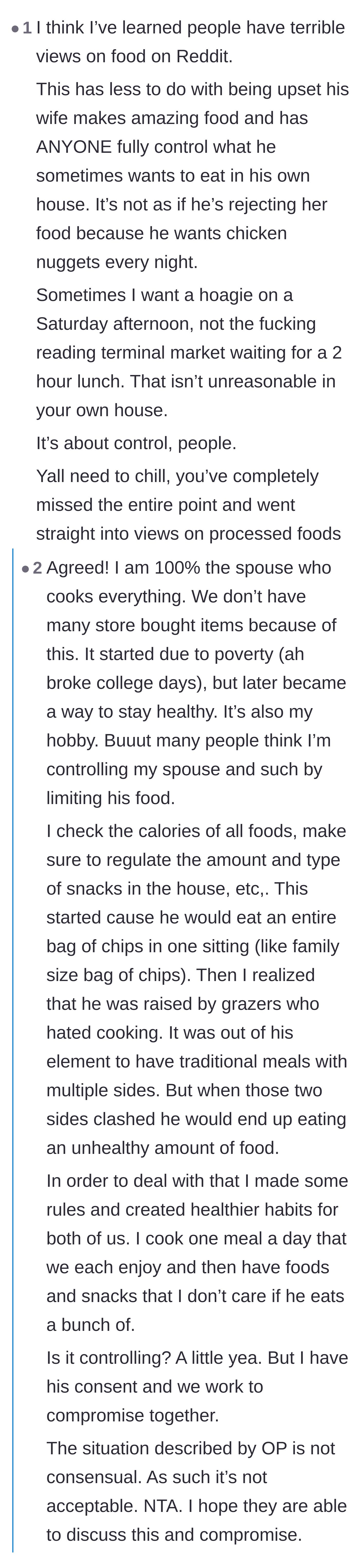 Comment thread 5 - A commenter insisting that the core issue is the wife's controlling behavior, not a debate on diet culture.