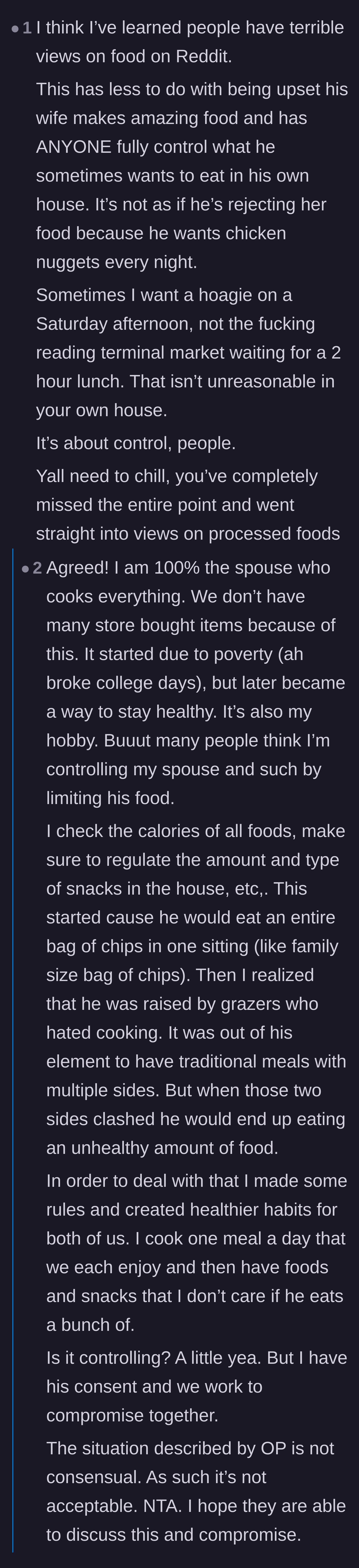 Comment thread 5 - A commenter insisting that the core issue is the wife's controlling behavior, not a debate on diet culture.