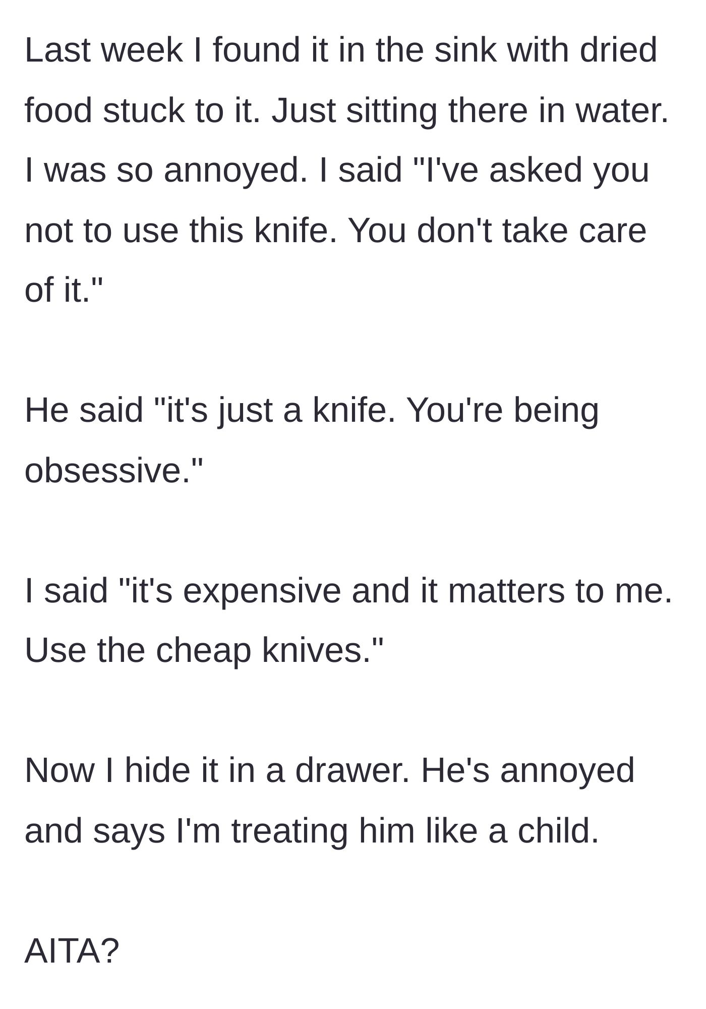 Story part 3 - Wife finding the knife soaking in dirty water, confronting her dismissive husband, and ultimately hiding the knife.