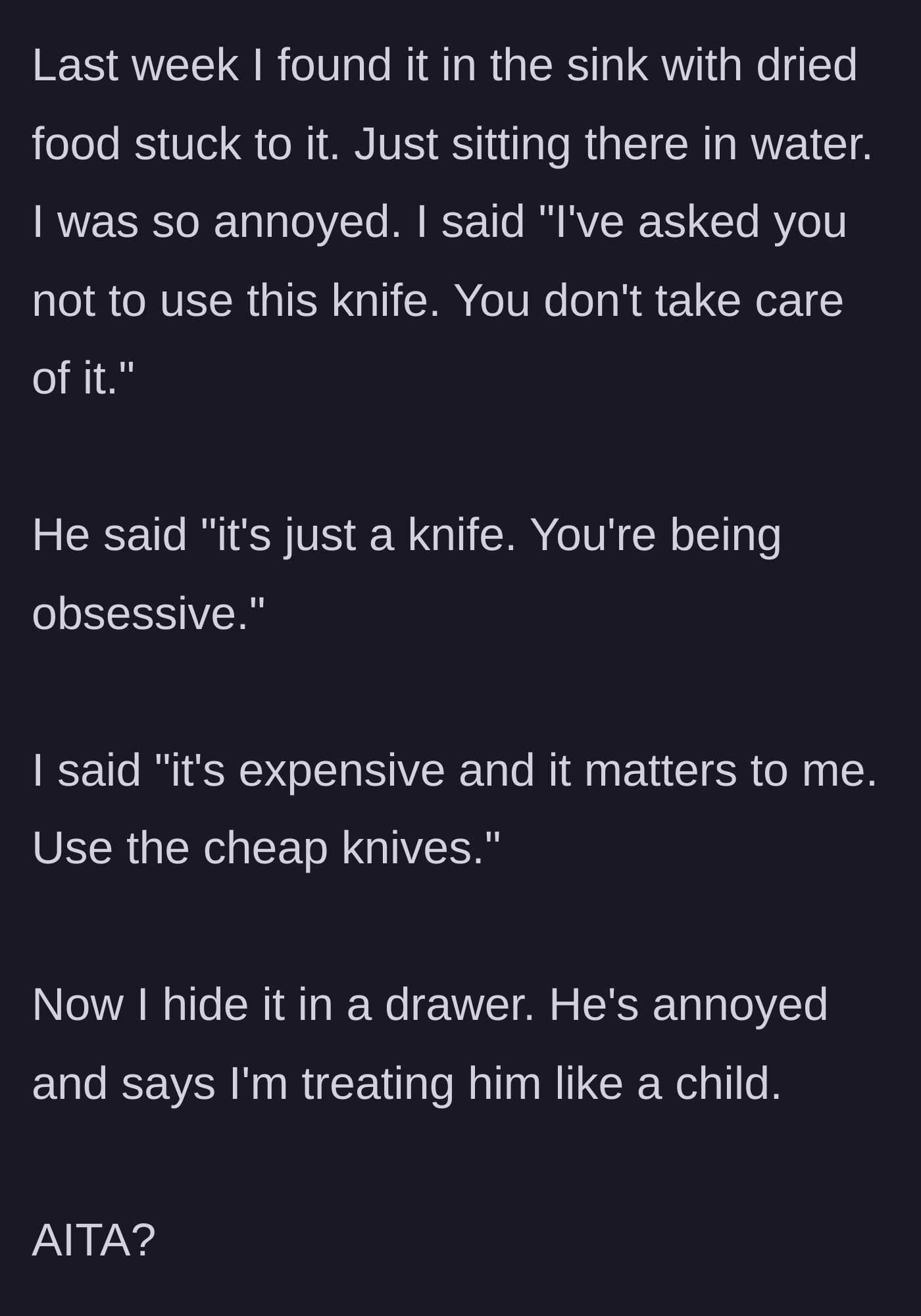 Story part 3 - Wife finding the knife soaking in dirty water, confronting her dismissive husband, and ultimately hiding the knife.