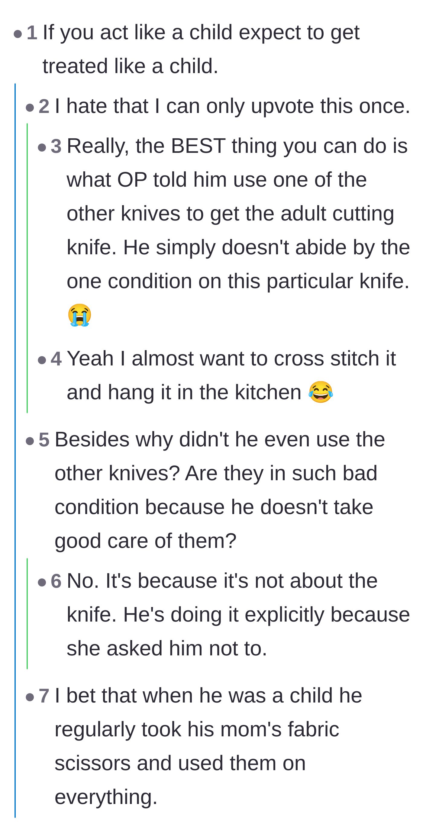 Comment thread 1 - Readers comparing the husband's behavior to children ruining their mothers' special fabric scissors.