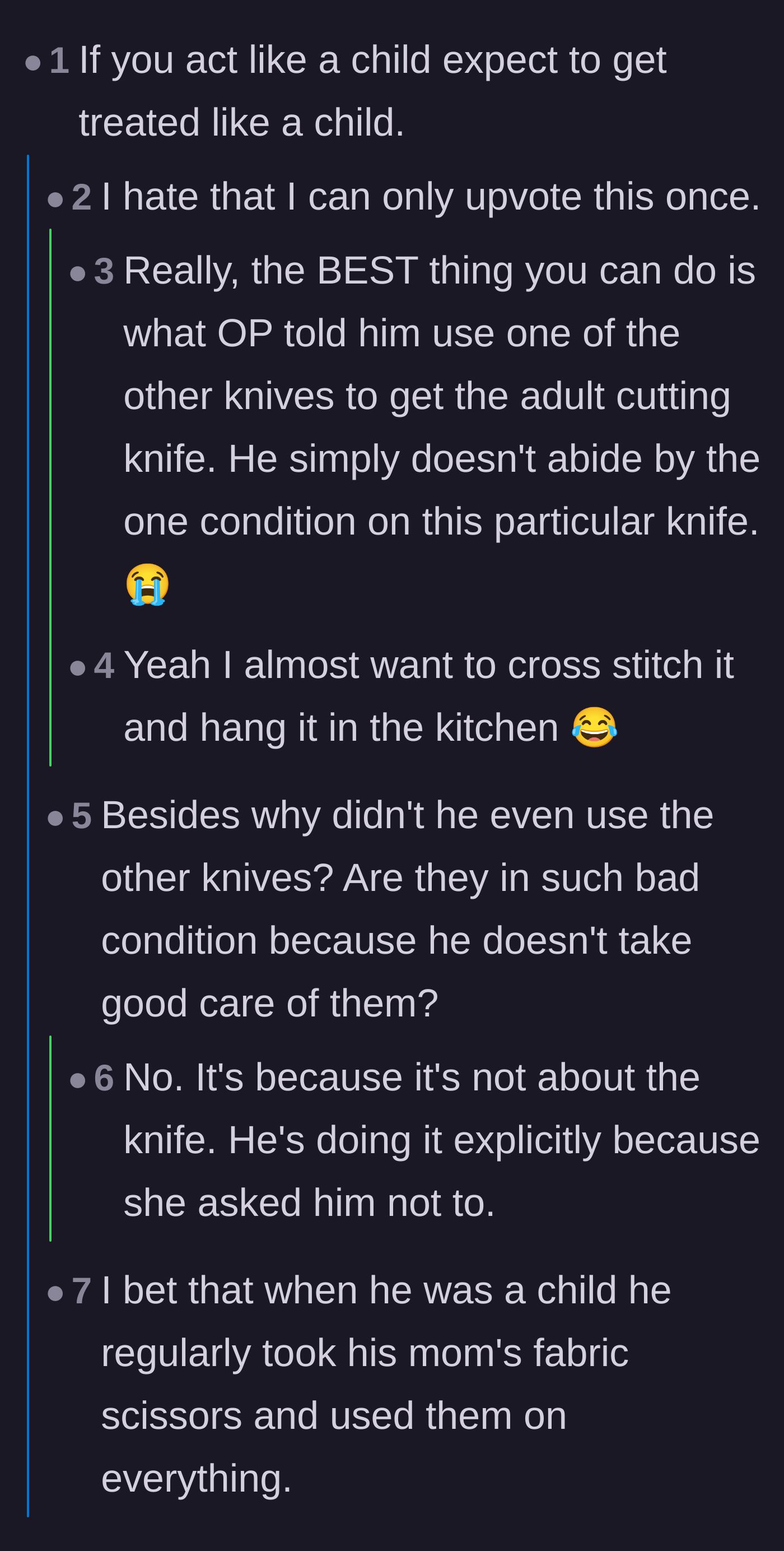 Comment thread 1 - Readers comparing the husband's behavior to children ruining their mothers' special fabric scissors.