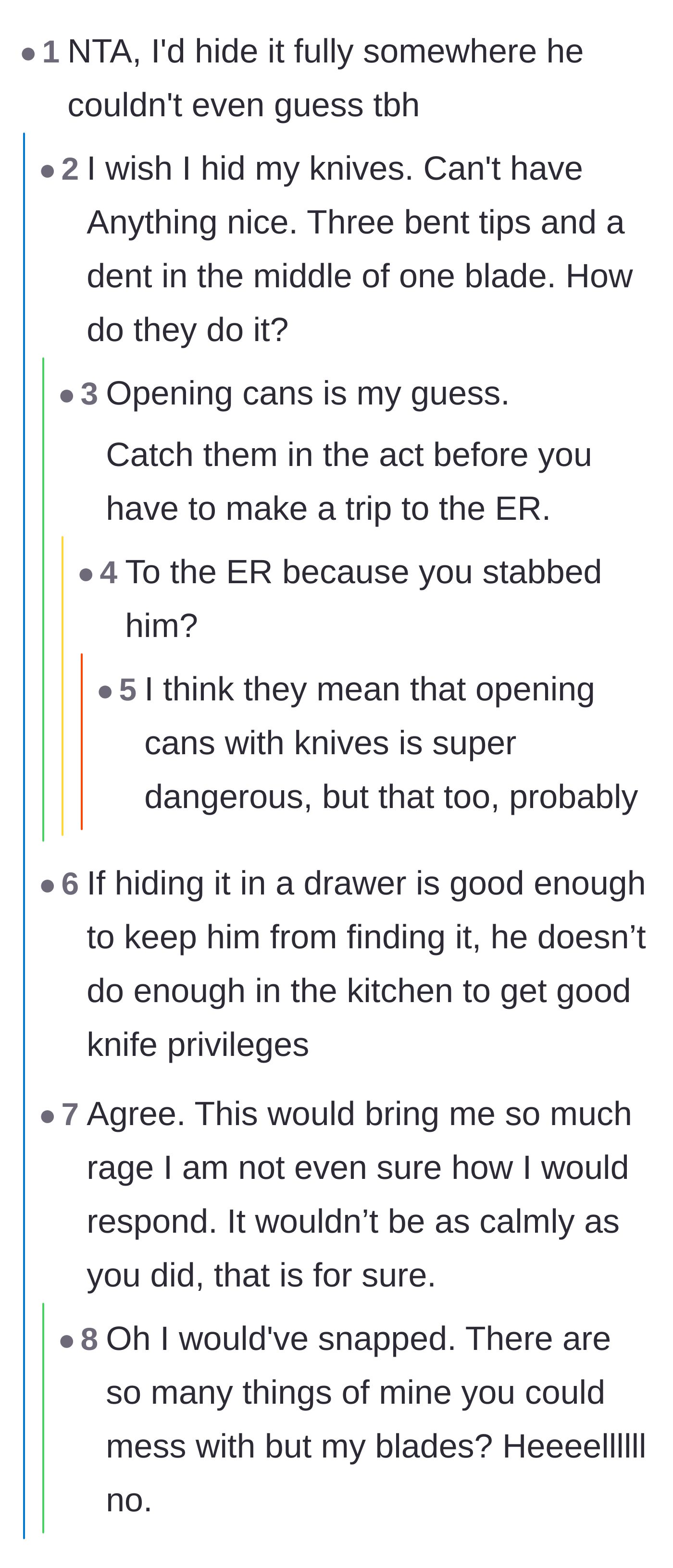 Comment thread 2 - Commenters sharing their own rage over ruined knives and agreeing with the wife's decision to hide hers.