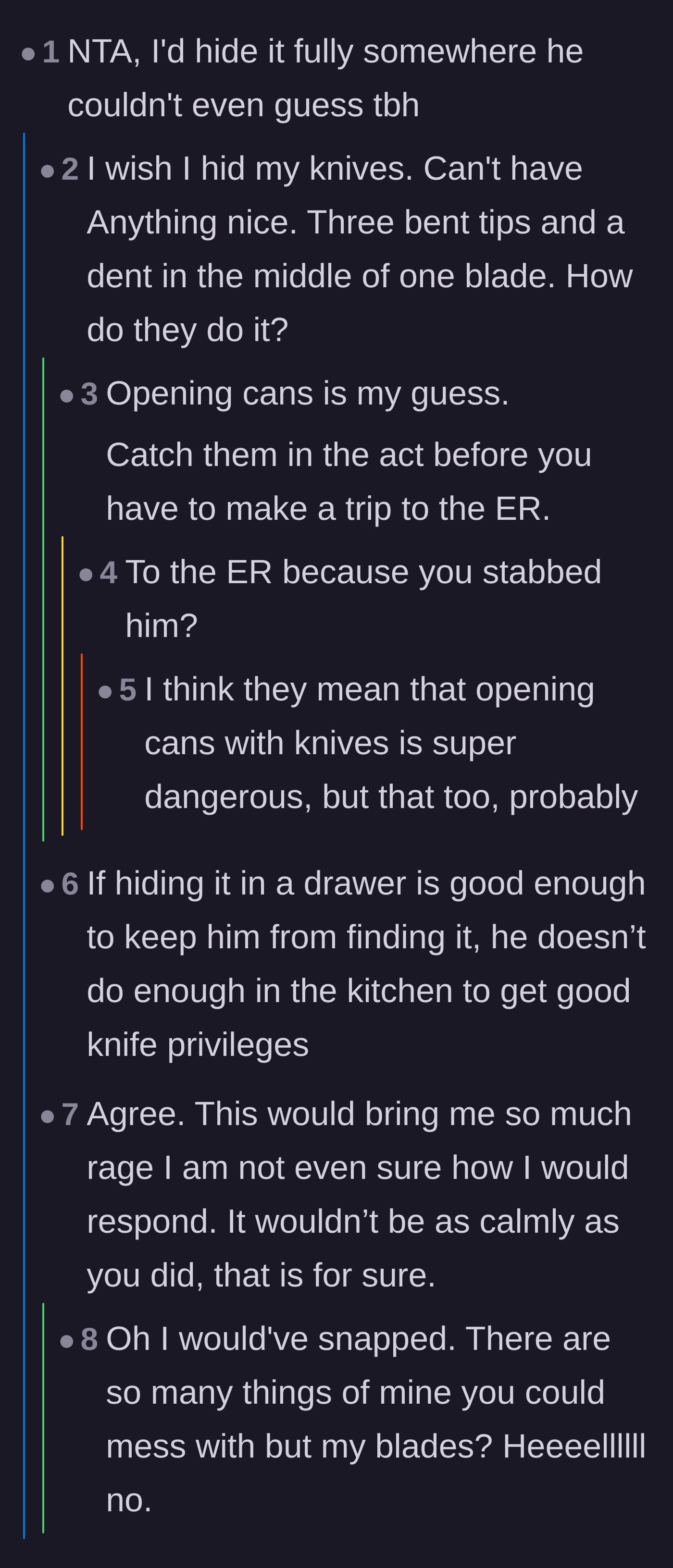 Comment thread 2 - Commenters sharing their own rage over ruined knives and agreeing with the wife's decision to hide hers.