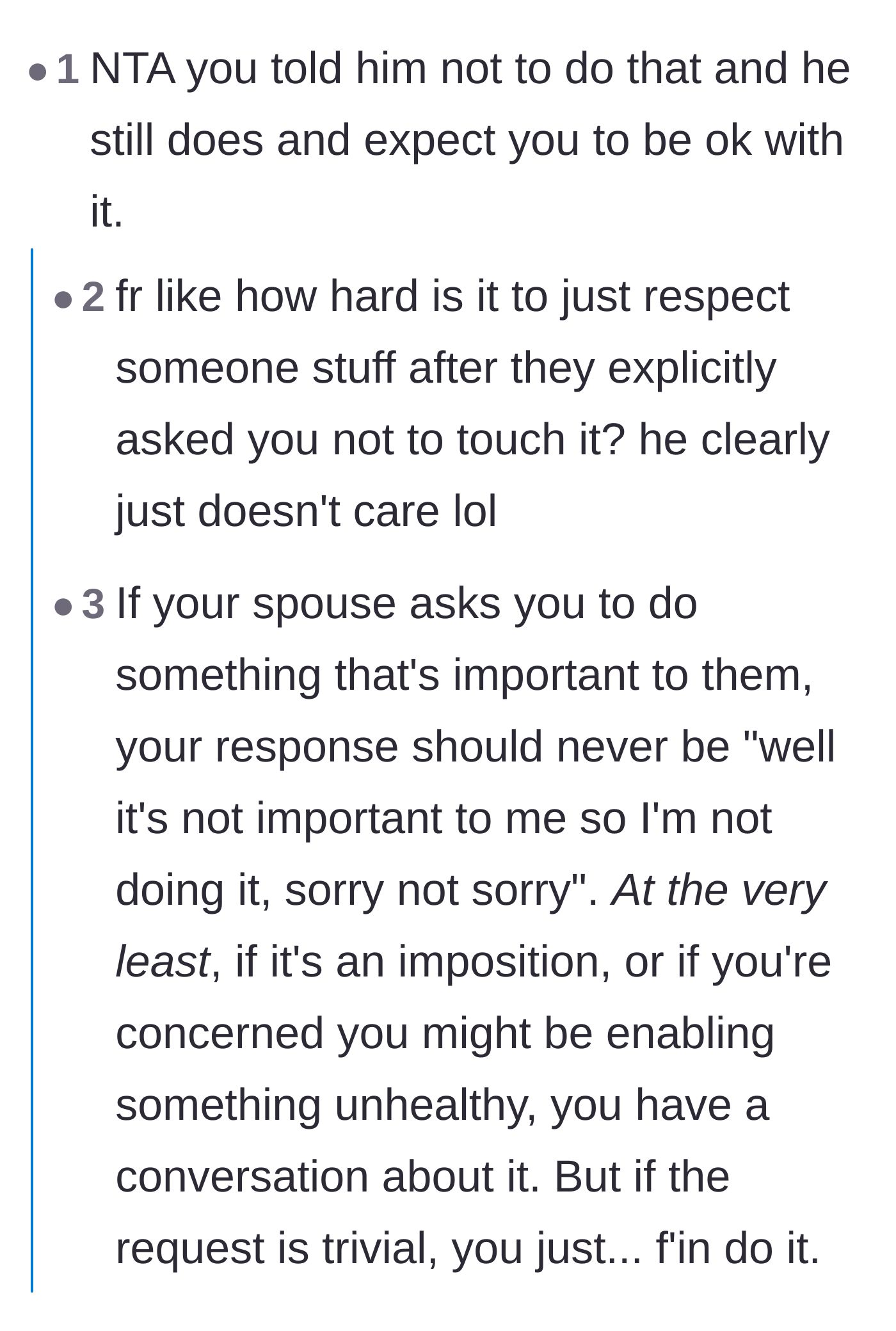 Comment thread 5 - Readers pointing out that a loving spouse should happily honor a trivial request just because it matters to their partner.