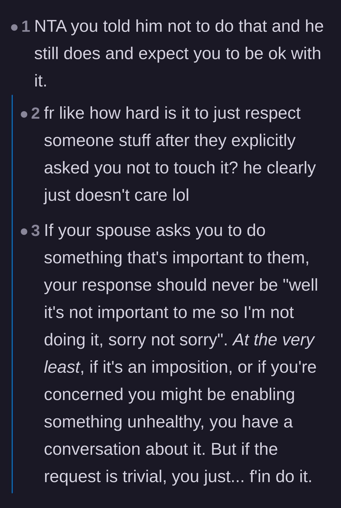Comment thread 5 - Readers pointing out that a loving spouse should happily honor a trivial request just because it matters to their partner.