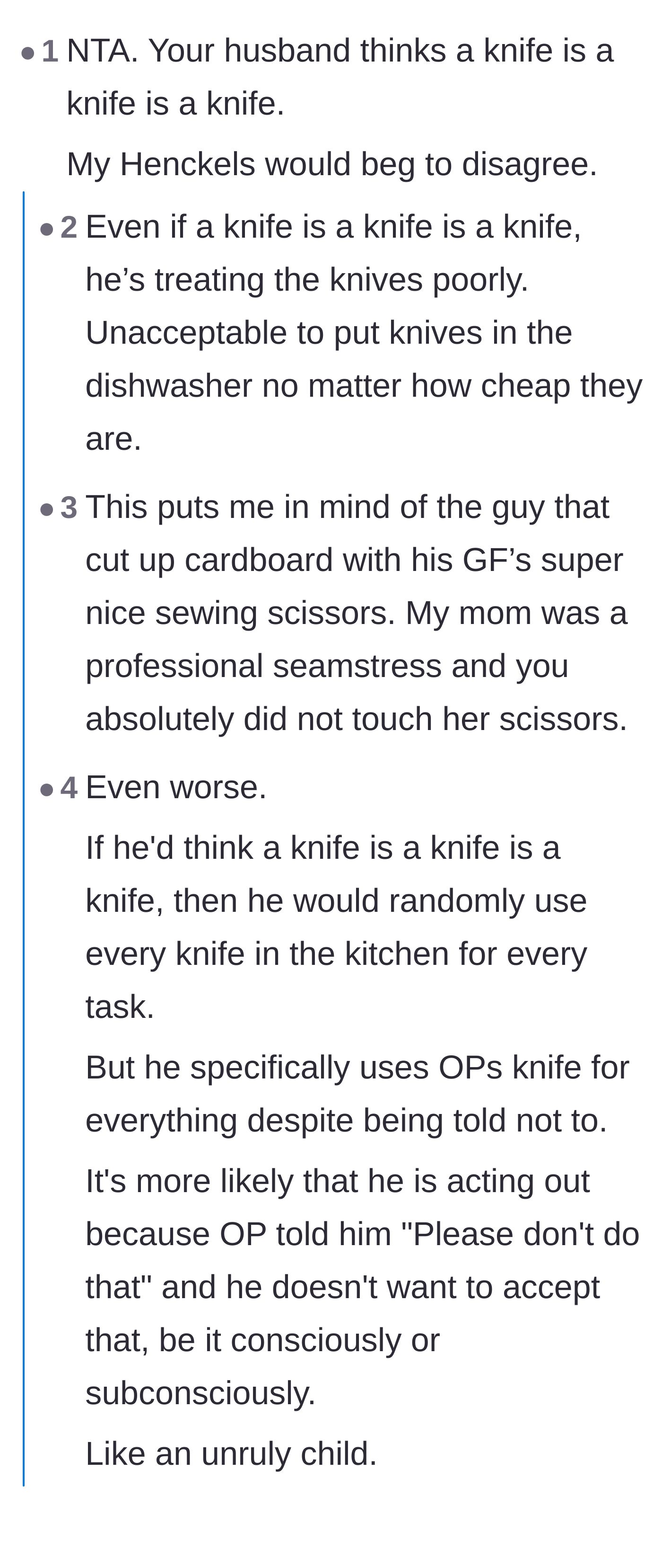 Comment thread 6 - Knife enthusiasts and crafters uniting over the pain of watching high-quality tools get destroyed by careless partners.
