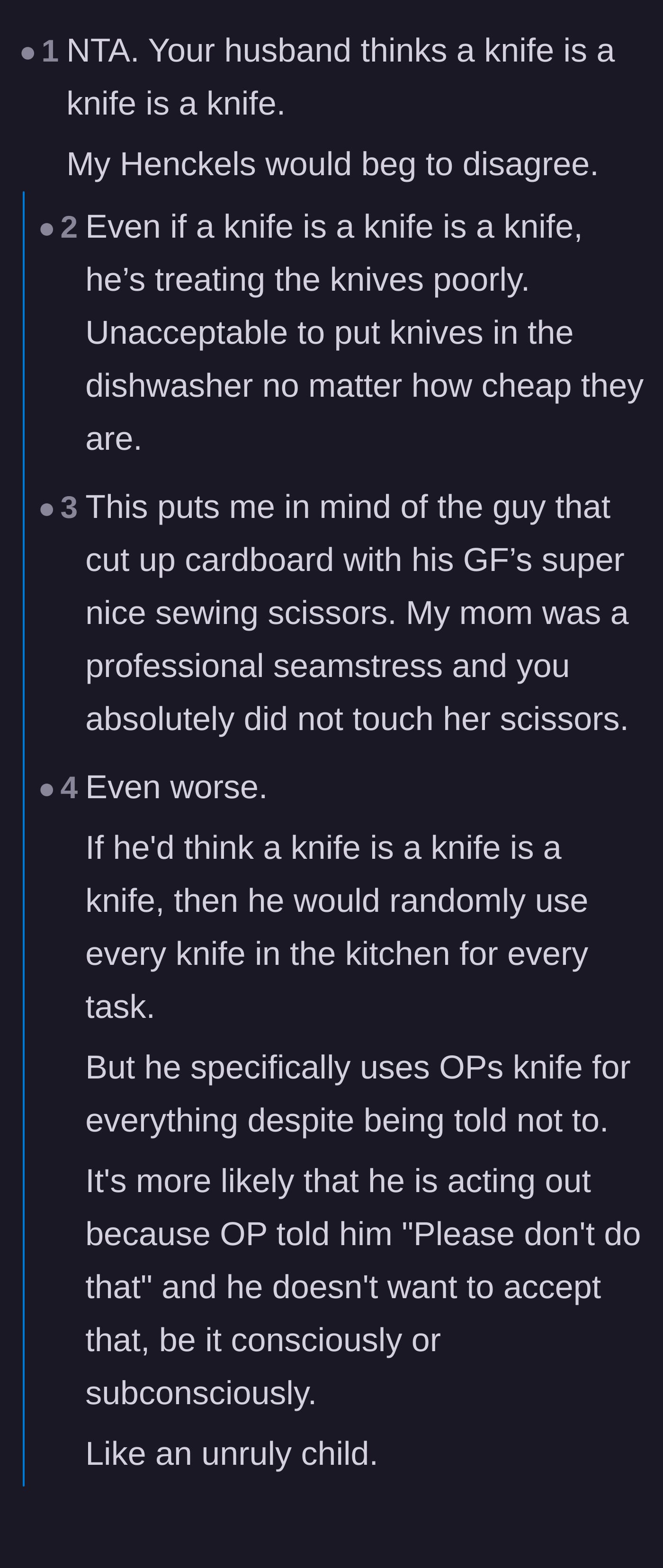 Comment thread 6 - Knife enthusiasts and crafters uniting over the pain of watching high-quality tools get destroyed by careless partners.