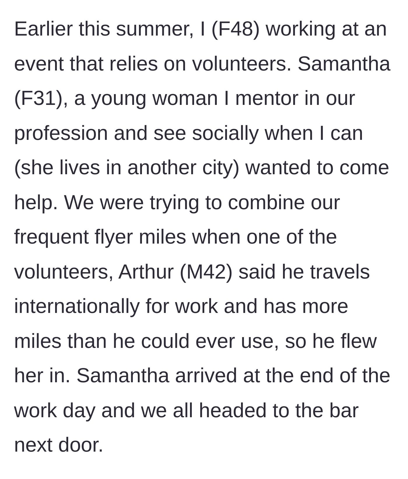 Story part 1 - A 31-year-old mentee accepts an expensive flight covered by a male colleague's frequent flyer miles to attend a VIP event.