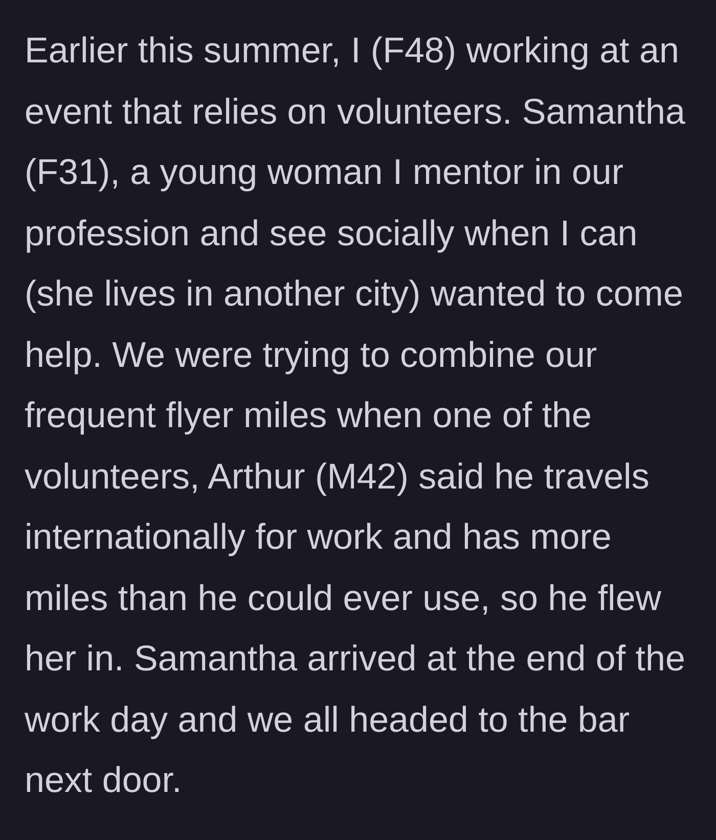Story part 1 - A 31-year-old mentee accepts an expensive flight covered by a male colleague's frequent flyer miles to attend a VIP event.