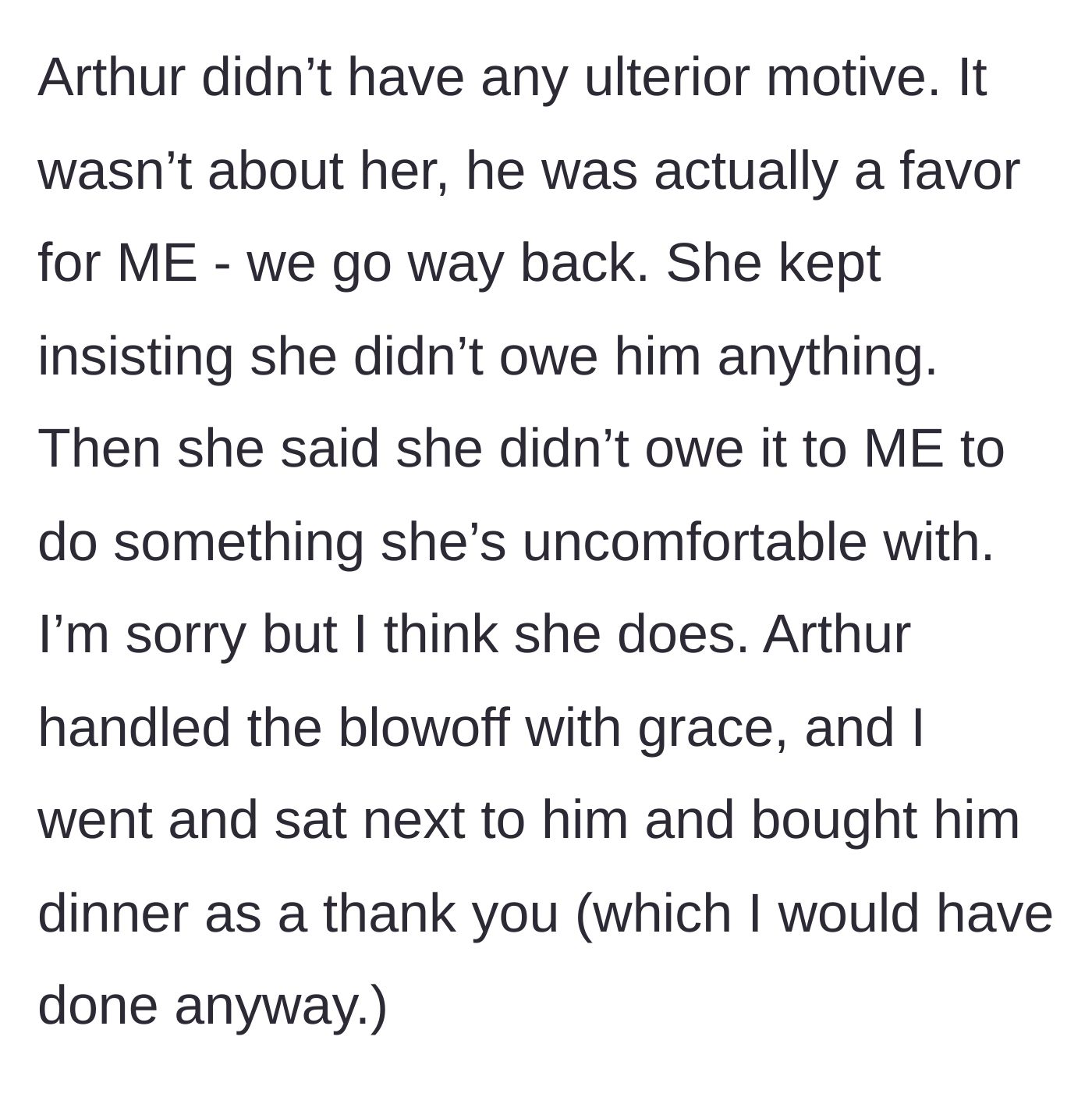 Story part 3 - The mentor explains the ticket was a favor to her, but the mentee doubles down on not owing anyone anything.