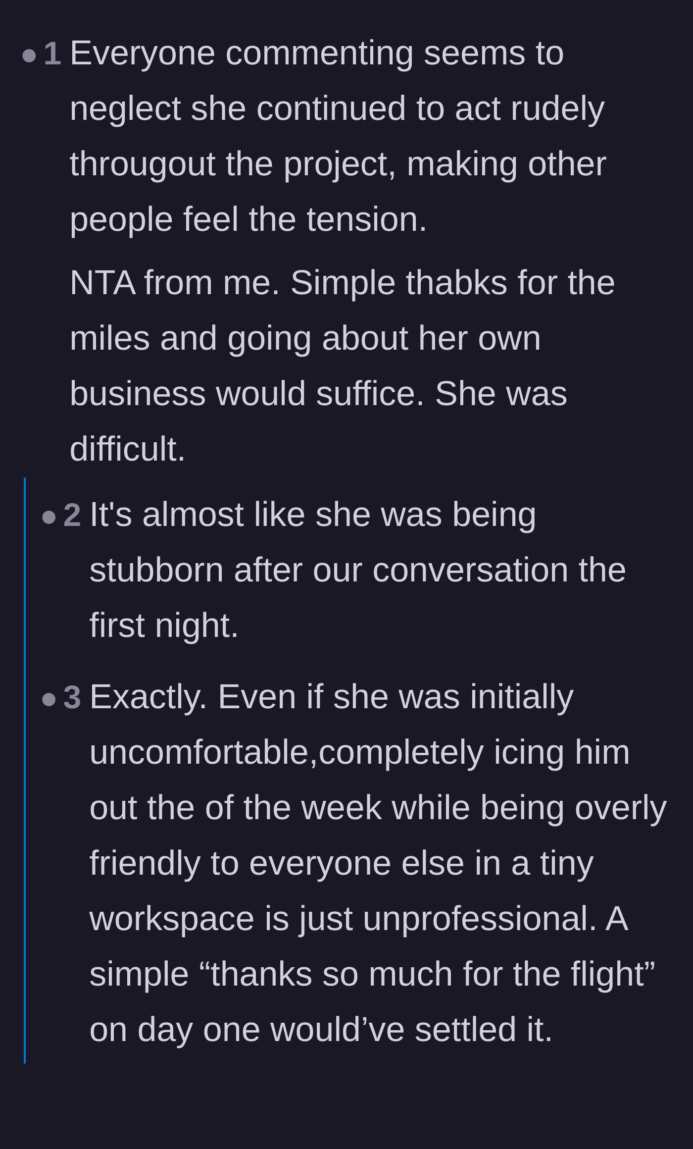 Comment thread 1 - Discussing how the mentee's continued rudeness ruined the work environment and weaponized the concept of boundaries.
