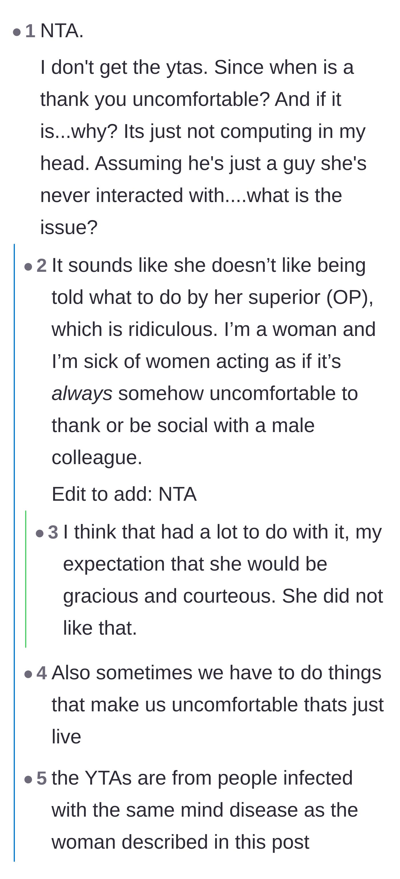 Comment thread 2 - Debating the absurdity of finding a 'thank you' uncomfortable and how this behavior harms women in male-dominated workplaces.