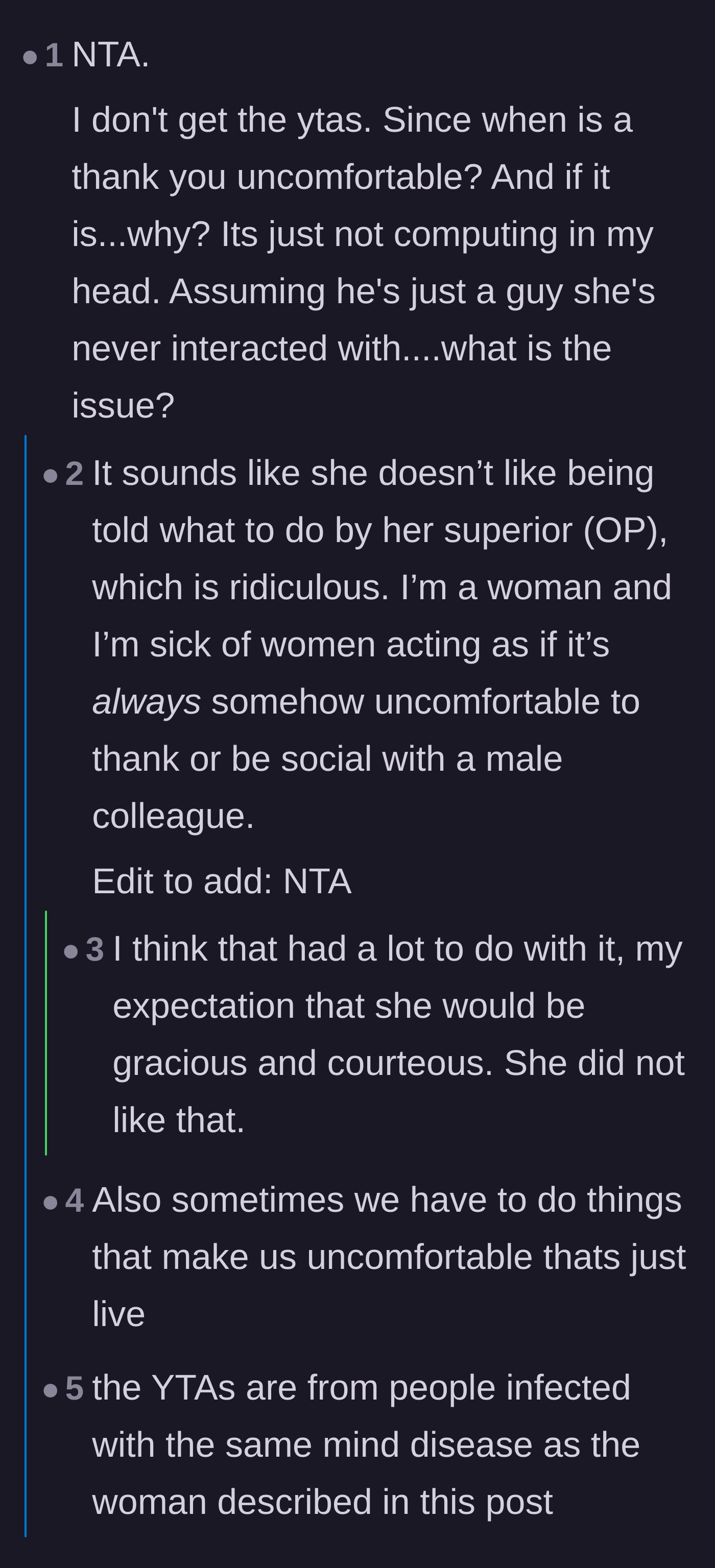 Comment thread 2 - Debating the absurdity of finding a 'thank you' uncomfortable and how this behavior harms women in male-dominated workplaces.