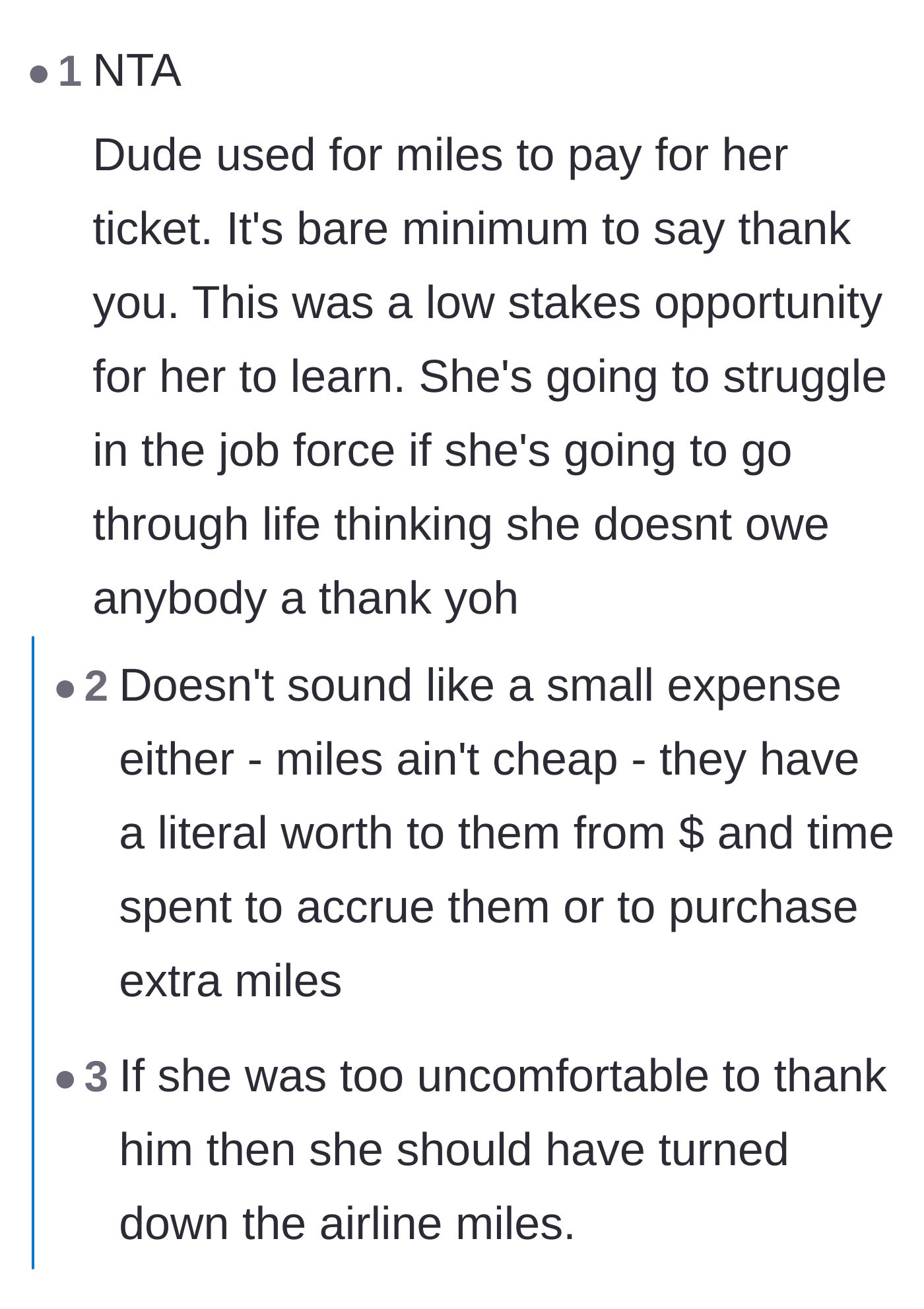 Comment thread 3 - Highlighting the actual monetary value of airline miles and the absolute requirement of basic gratitude.