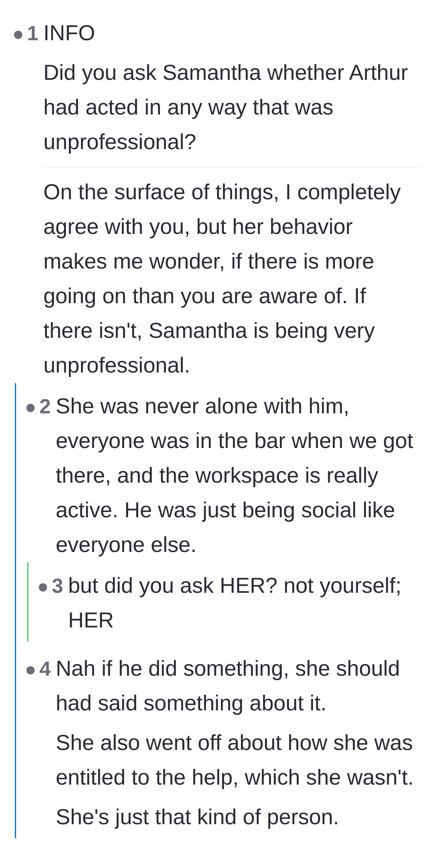 Comment thread 5 - Arguing over whether the mentor should have interrogated the mentee about potential harassment.