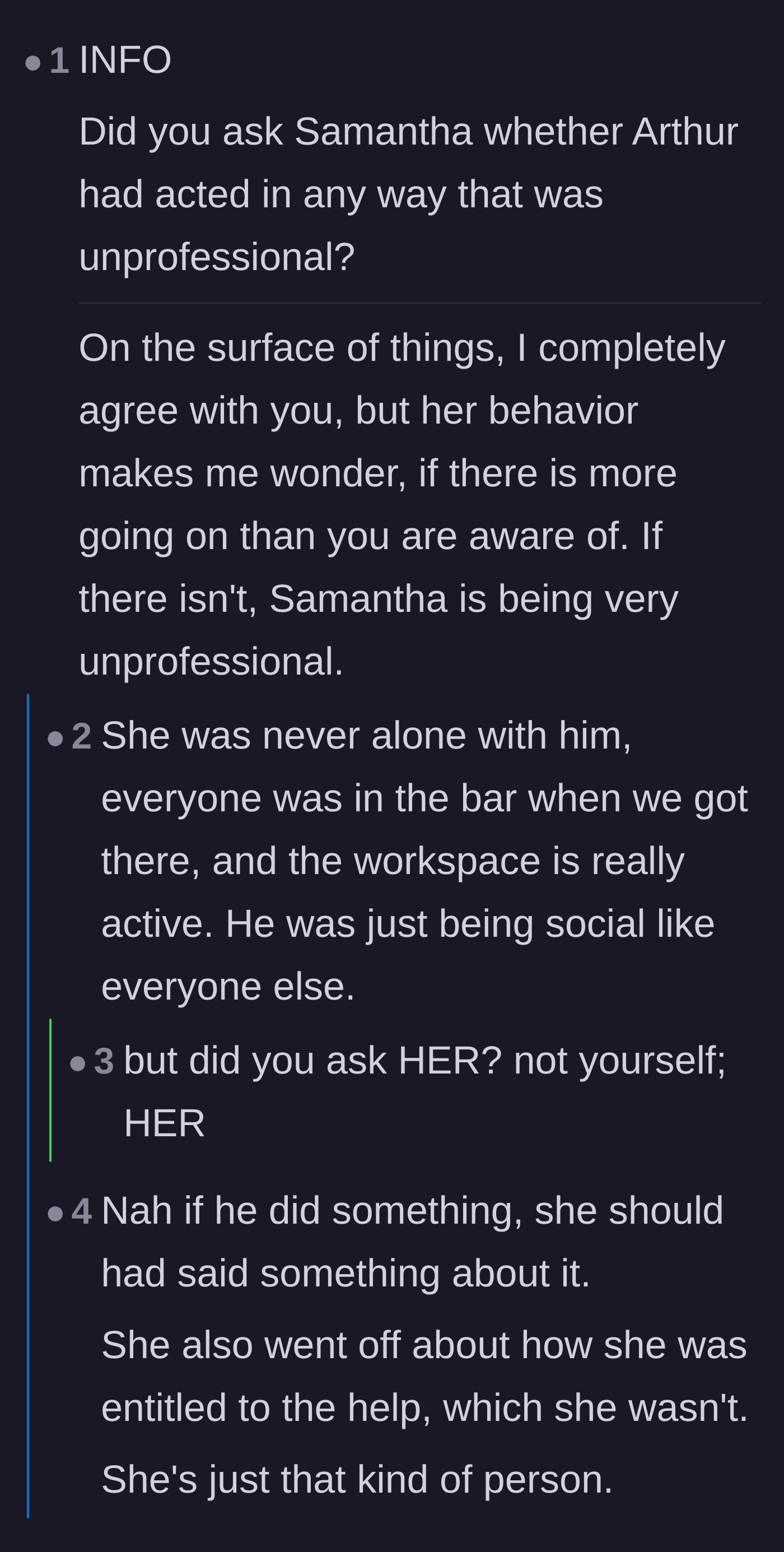 Comment thread 5 - Arguing over whether the mentor should have interrogated the mentee about potential harassment.