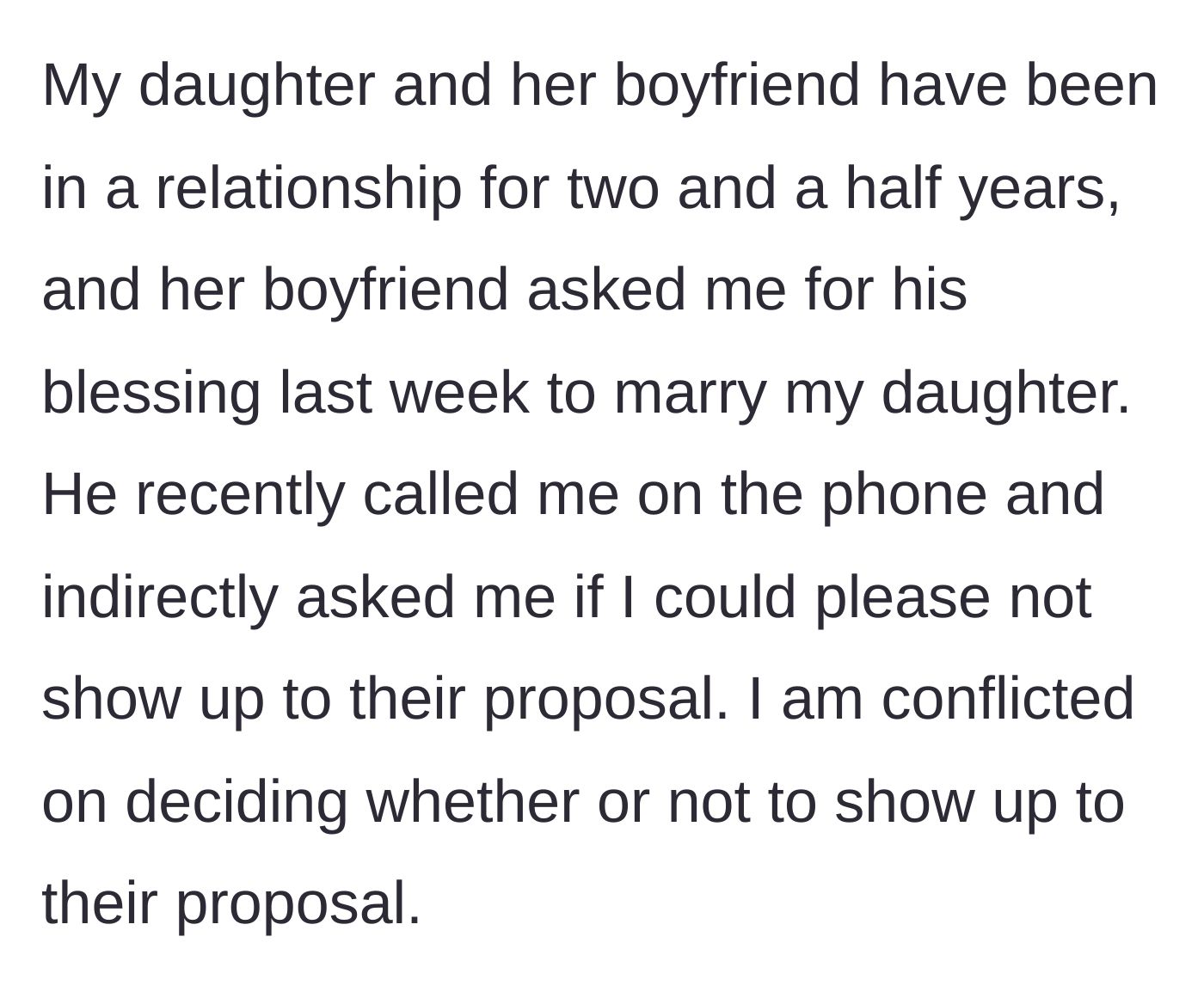 Story part 1 - A frustrated future groom on a phone call, asking his girlfriend's mother to please stay away from his planned proposal.