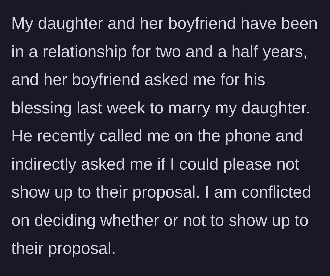 Story part 1 - A frustrated future groom on a phone call, asking his girlfriend's mother to please stay away from his planned proposal.