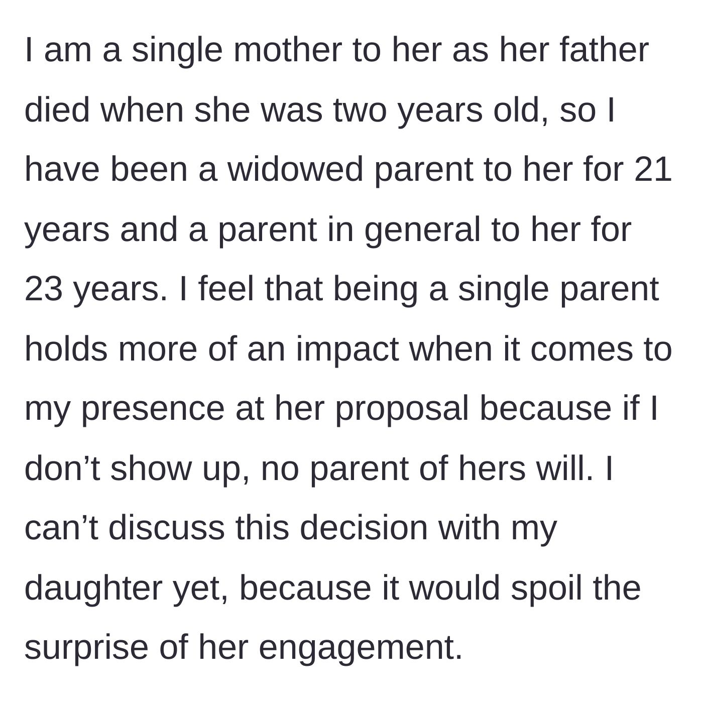 Story part 2 - A mother looking pensive and dramatic, justifying her need to be at her daughter's milestone event because she raised her alone.