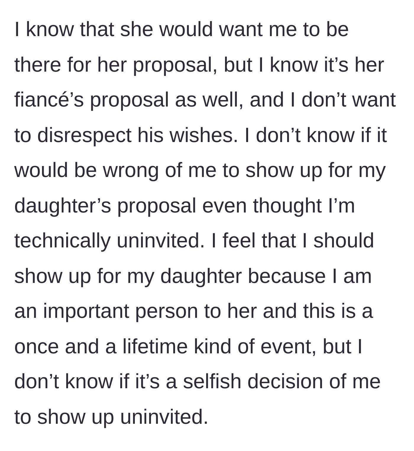 Story part 3 - A woman agonizing over whether to crash an event she was explicitly not invited to, convincing herself she is the main character.